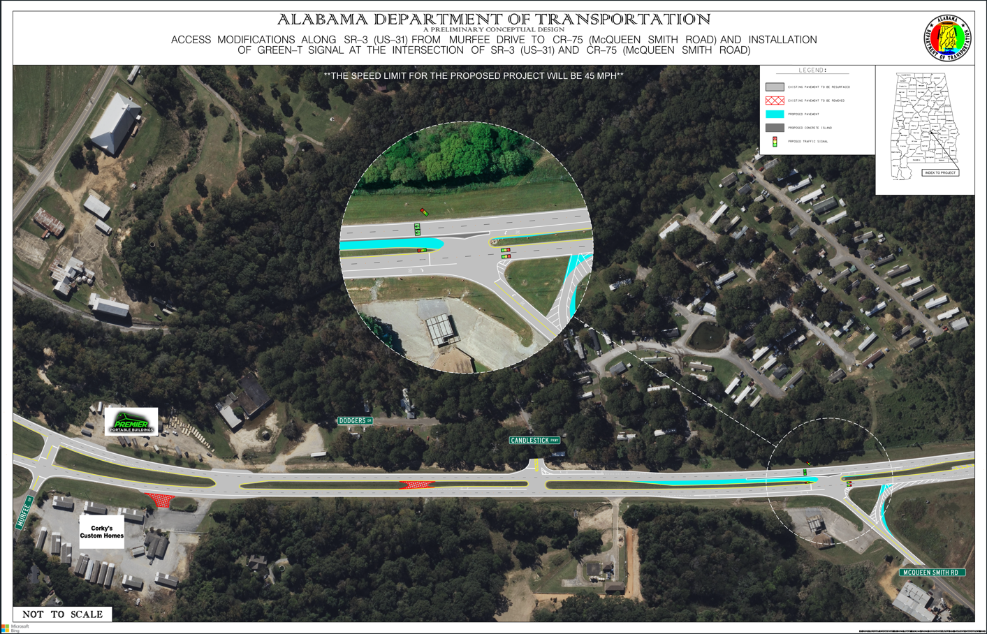 Map showing location of Green T signal at the intersection of US-31 and McQueen Smith Road in Prattville.