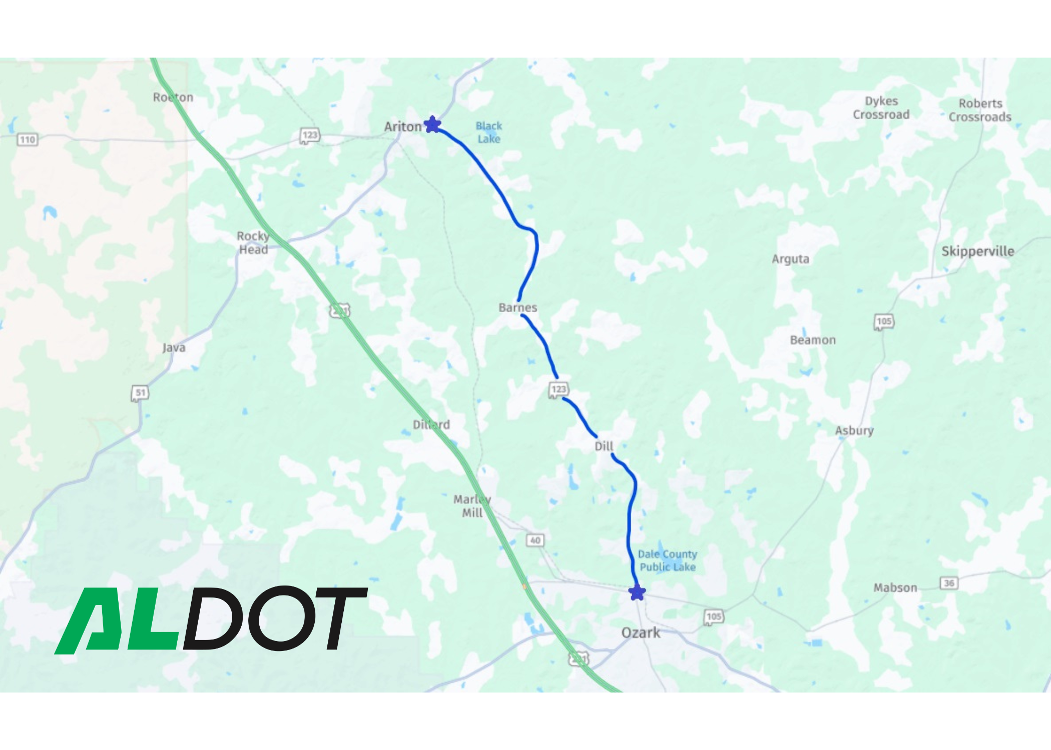 Map showing the project limits of the SR-123 resurfacing proejct from Roy Parker Road in Ozark to SR-51 in Ariton.