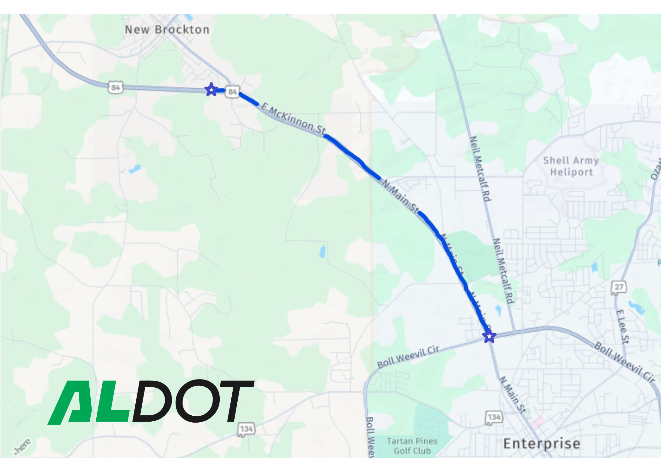 Map showing the project limits of the US-84 resurfacing project from Lawrence Drive in New Brockton to Boll Weevil Circle in Enterprise.