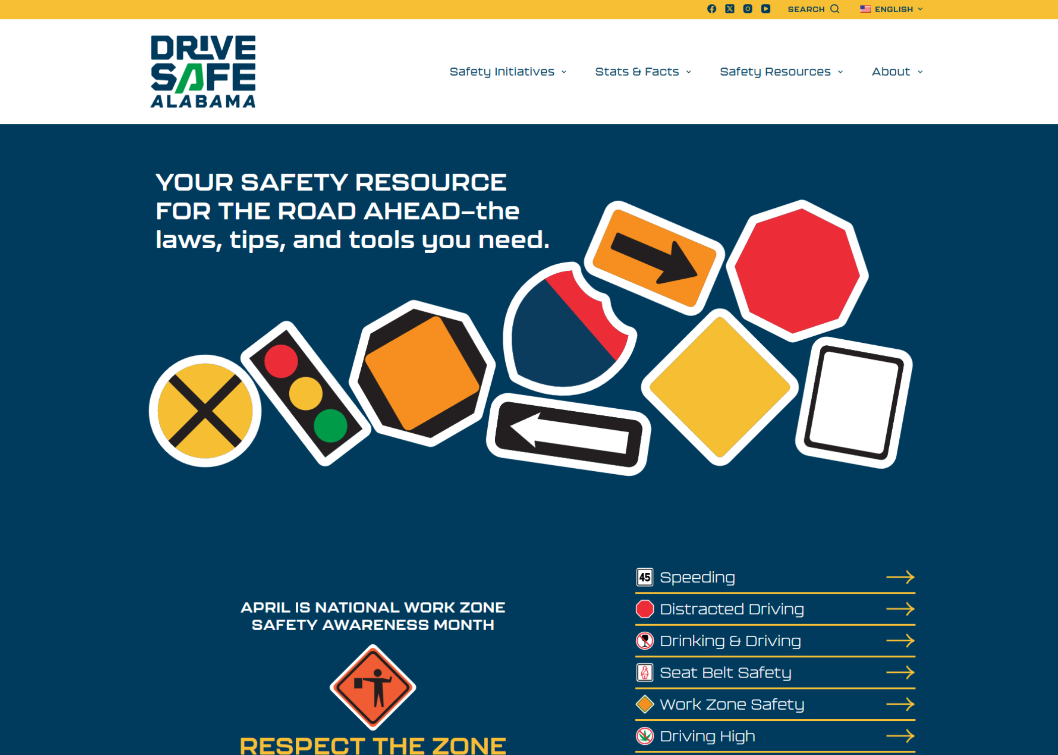 the Drive Safe Alabama website homepage featuring a modern design with traffic safety messages, navigation menu, and resources for safe driving in Alabama.