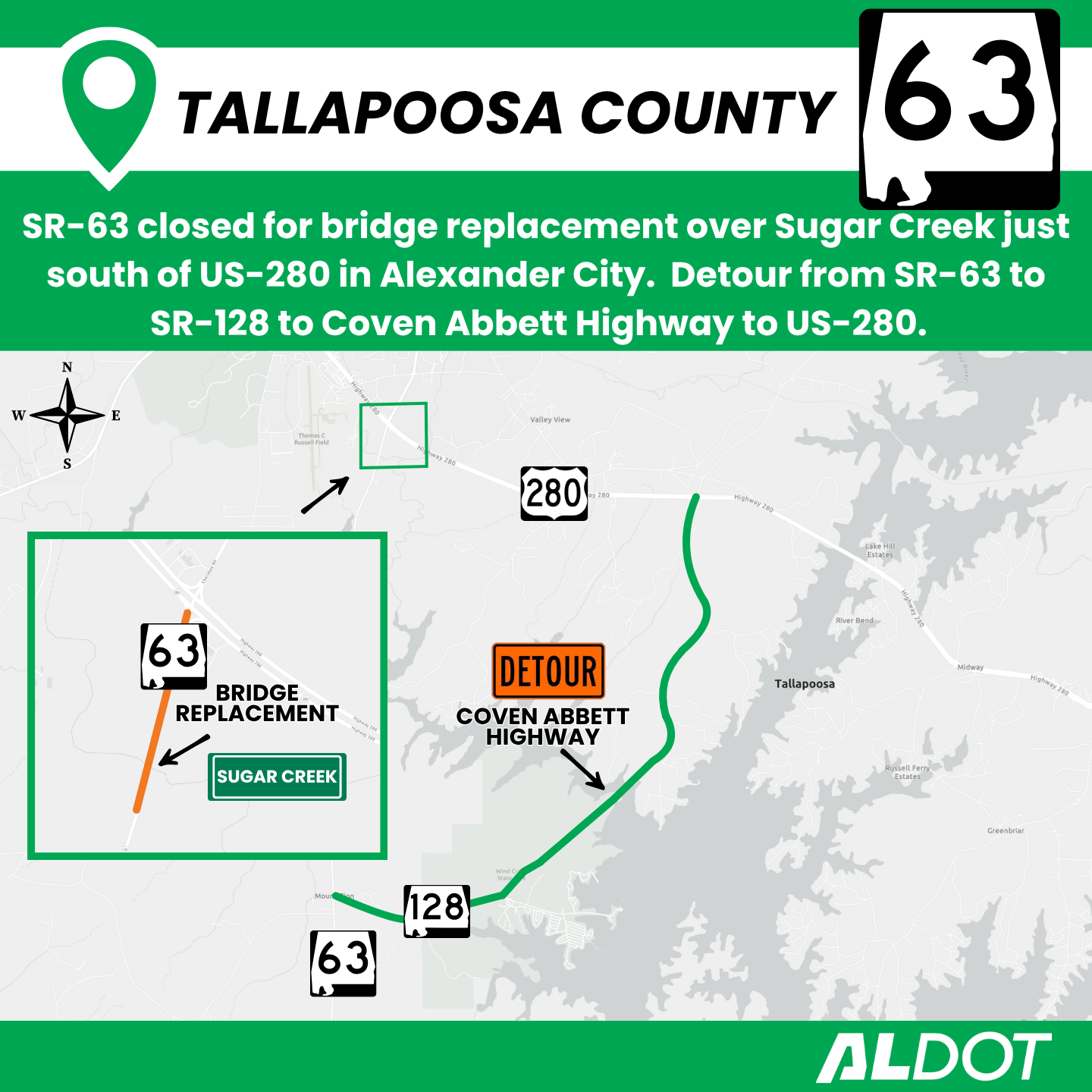 ALDOT is replacing the SR-63 bridge over Sugar Creek near US-280 in Alexander City.