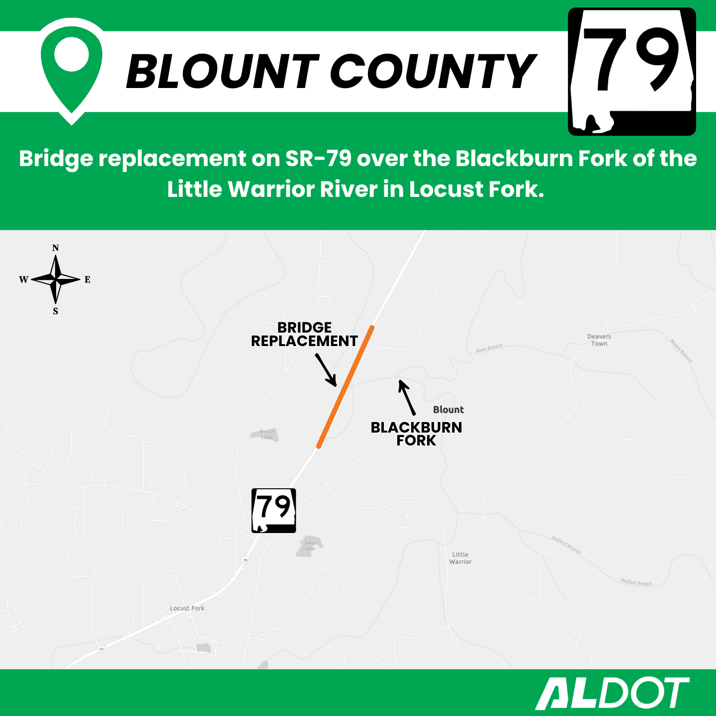 Bridge replacement and approach construction on SR-79 at Blackburn Fork of Little Warrior River in Locust Fork.