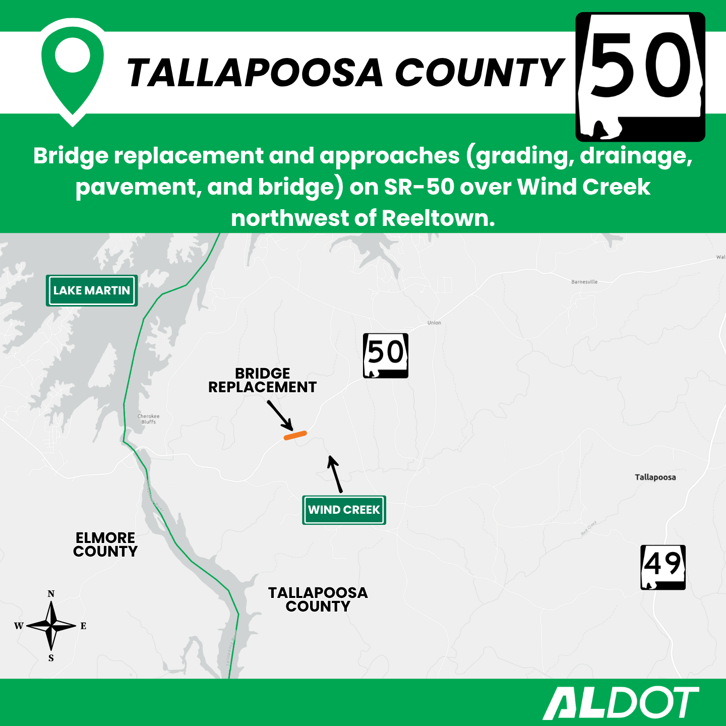 Bridge replacement on SR-50 over Wind Creek northwest of Reeltown.