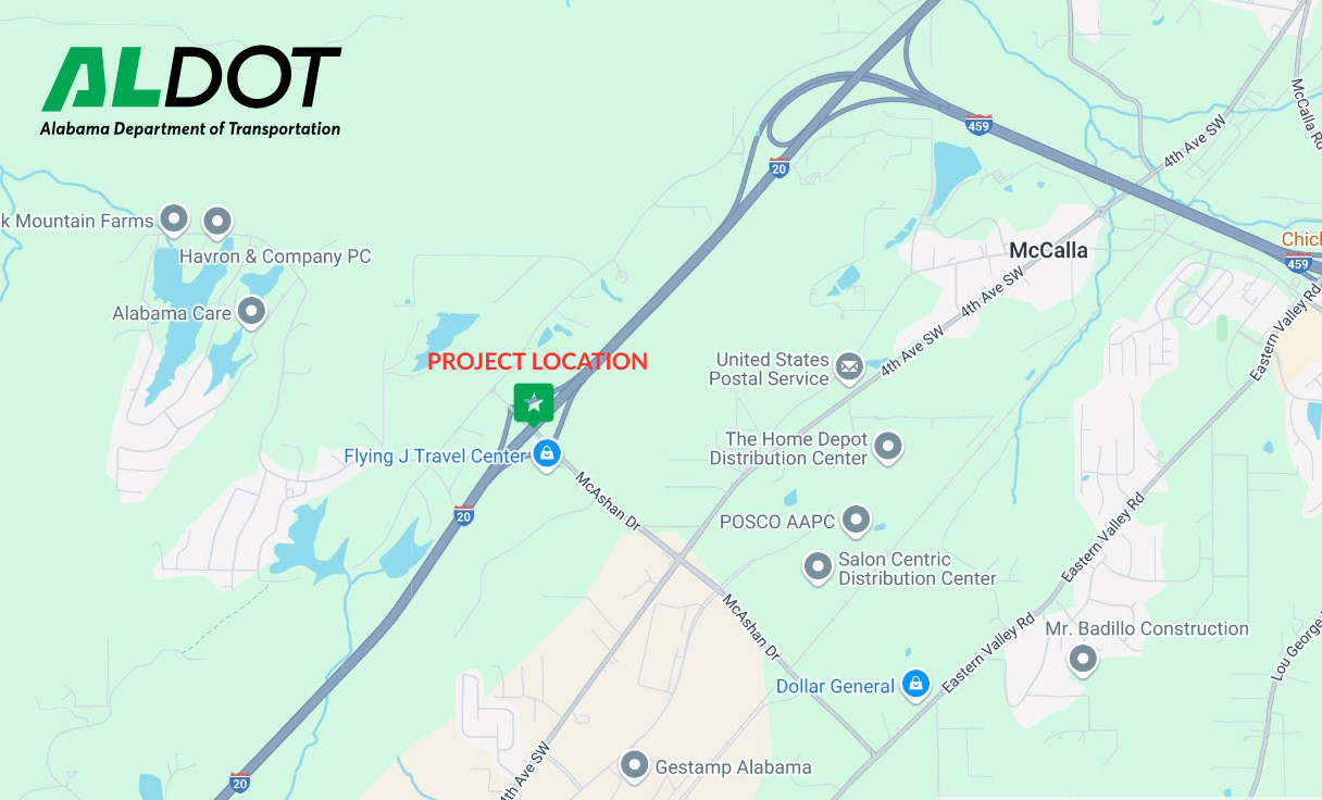 Map of I-20/59 at Exit 104 highlighting where project is located.