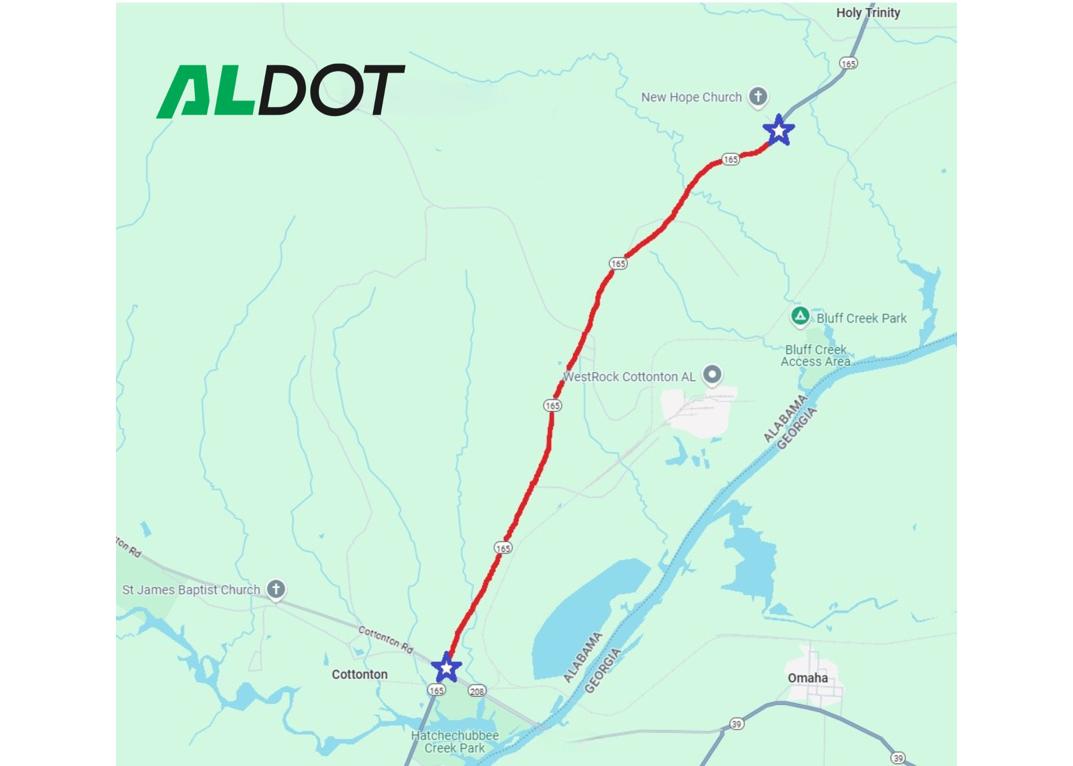 Map showing the route of the resurfacing project on SR-165 in Russell County from SR-208/Cottonton Road to New Hope Church Road.