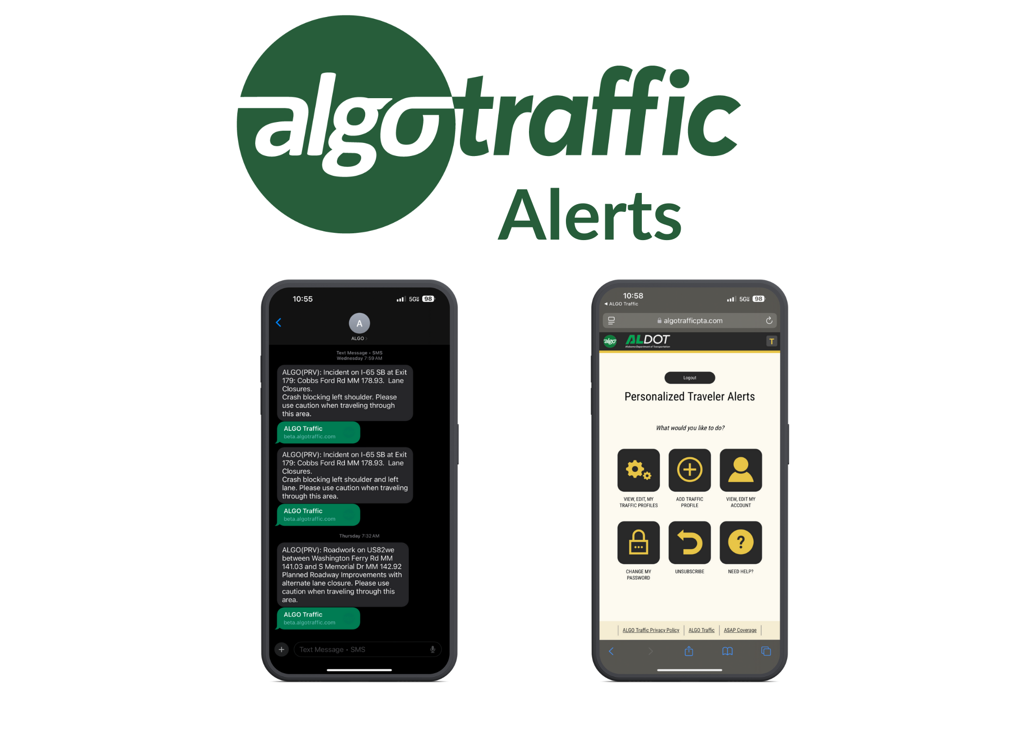 algo traffic logo with the word alerts under it. 2 phones beneath that displaying a text thread with road condition alerts and a homepage to set up personalized alerts