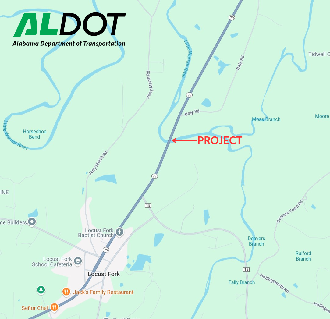 Map of SR-79 in Blount County. There is an arrow pointing to the exact location of the project over Little Warrior River.