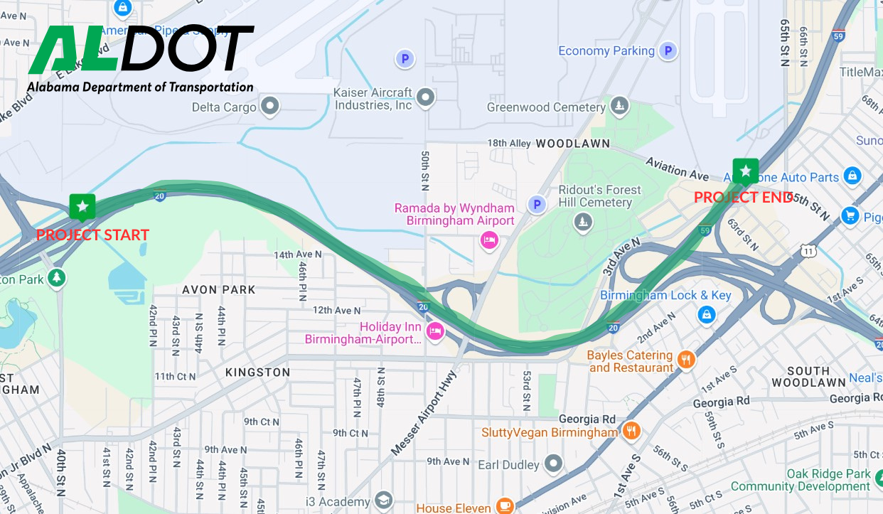 Map of I-20/59 highlighting the project start and finish.