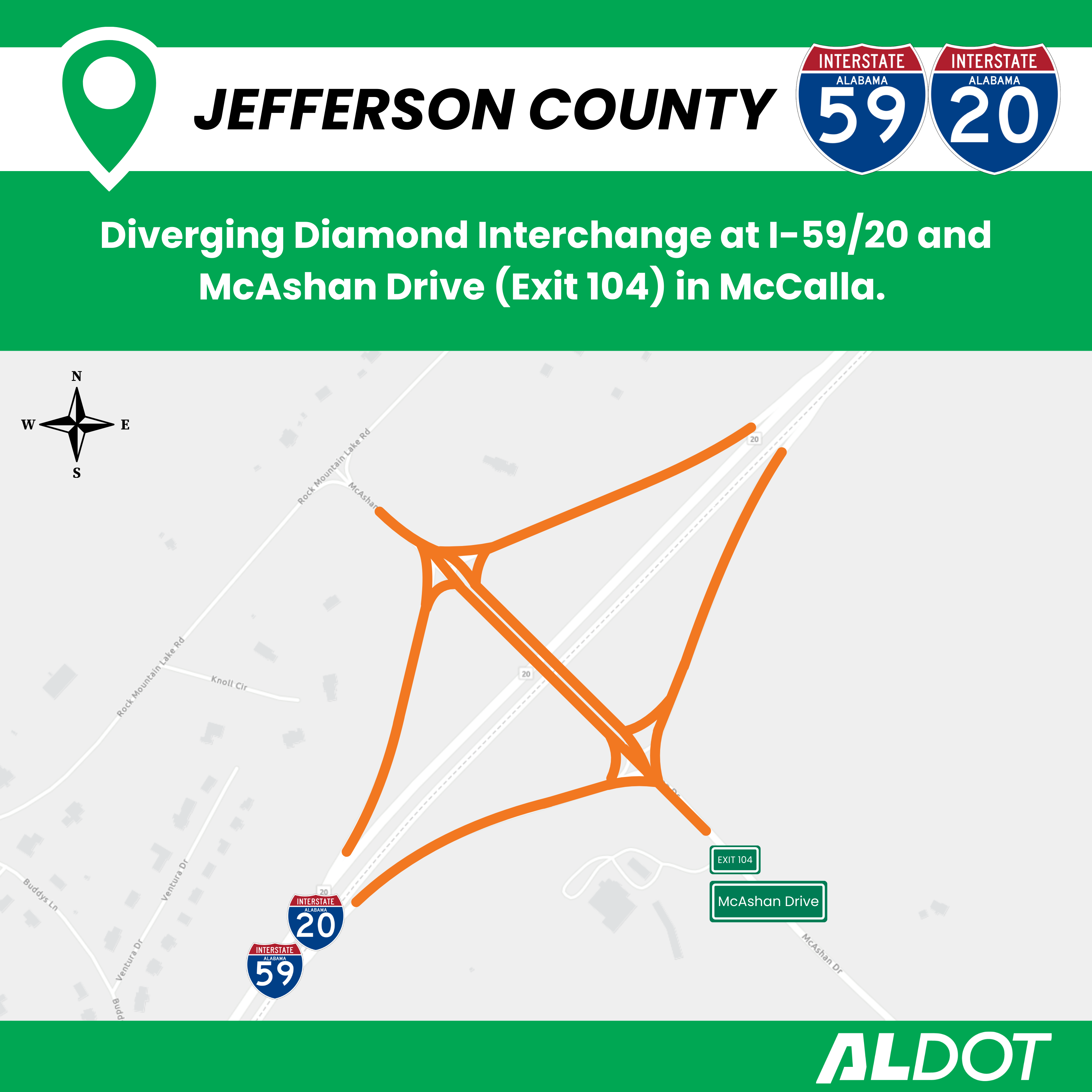 Diverging Diamond Interchange at I-59/20 and McAshan Drive in Jefferson County.