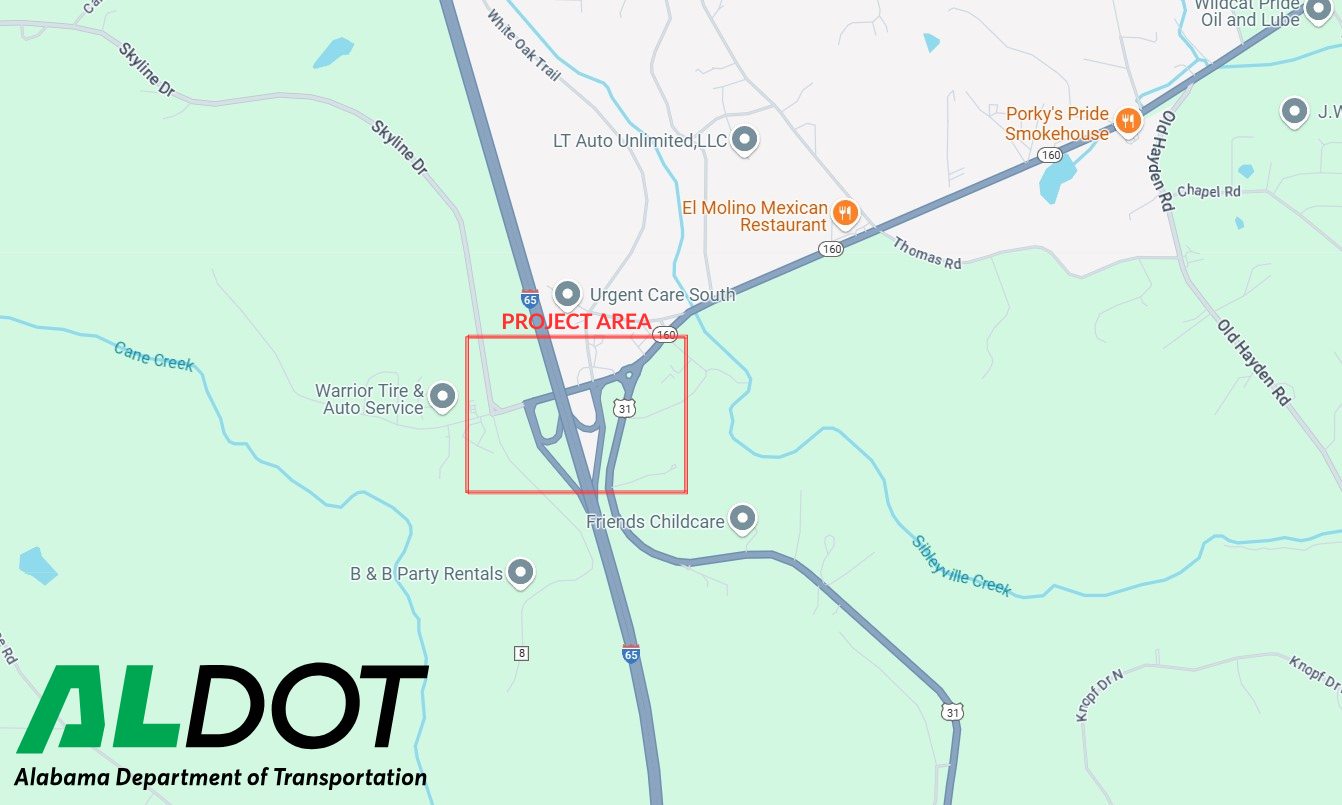 Map showing SR-160 at the I-65 interchange with a box drawn around the area of the project.