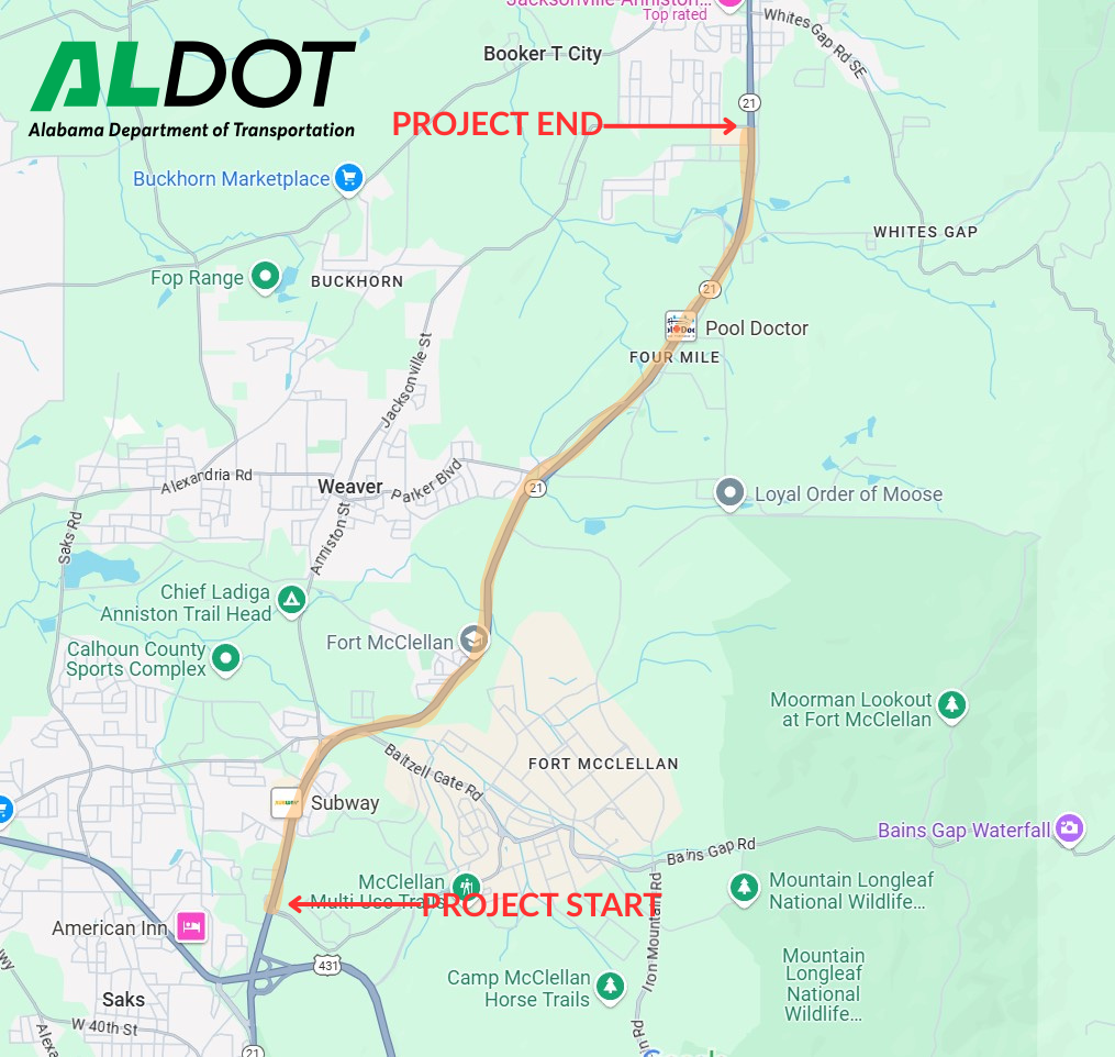Map showing SR-21 in Calhoun County with the exact location of the project highlighted.