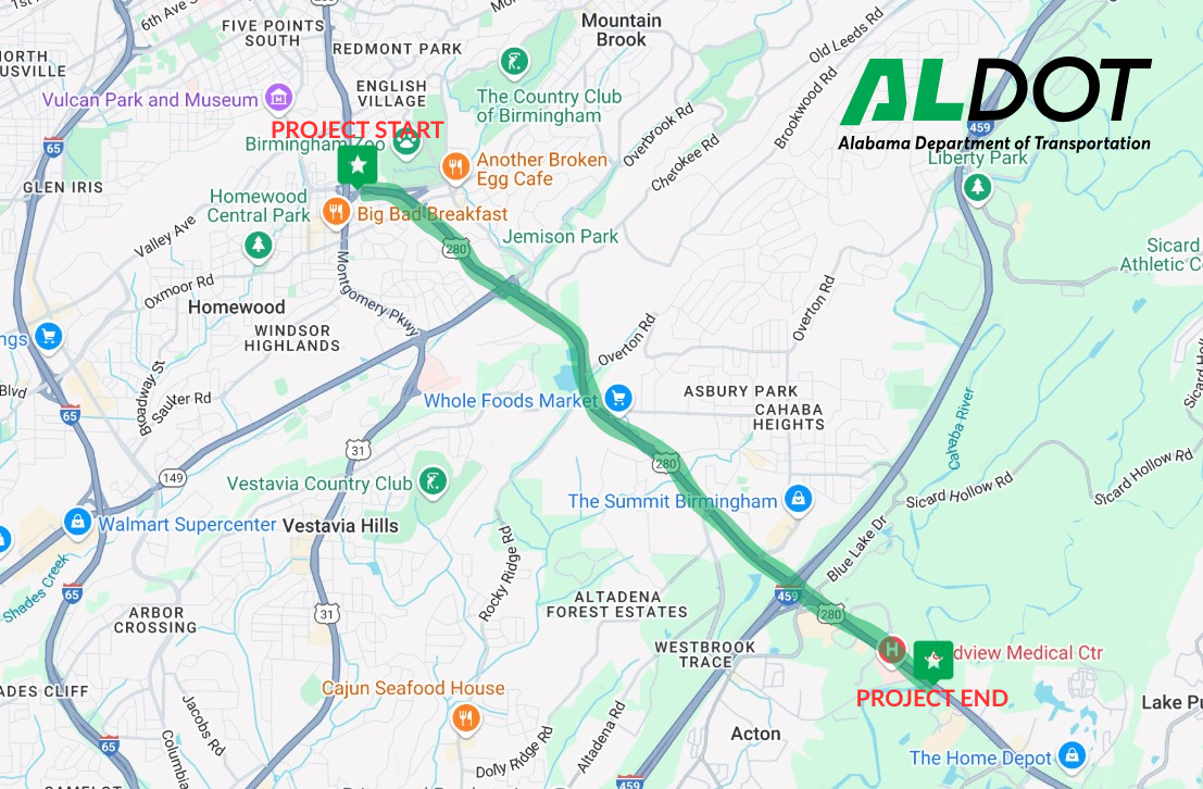 Map of SR-38 (US-280) in Jefferson County highlighting the portion of the highway that is covered in this project.