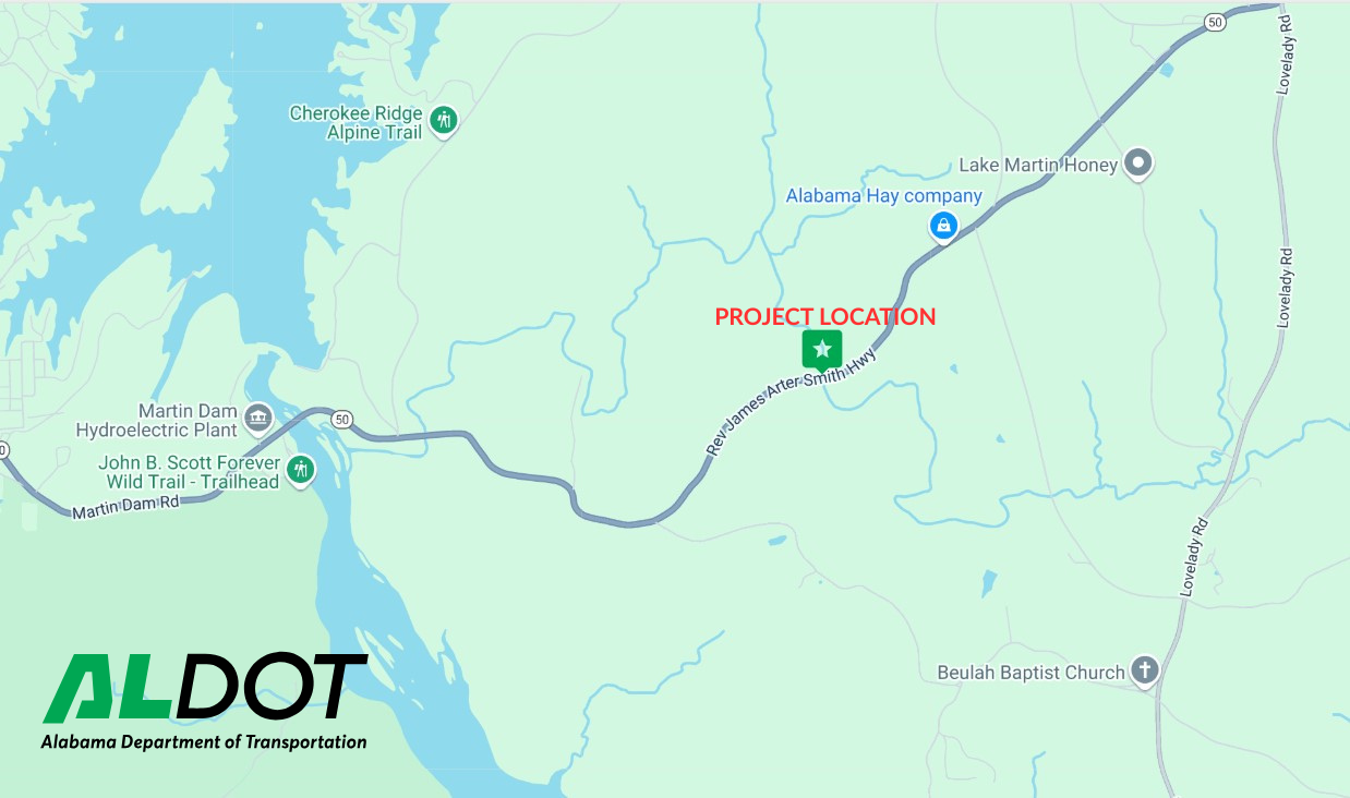 Map of SR-50 in Tallapoosa County highlighting the location of the bridge replacement.