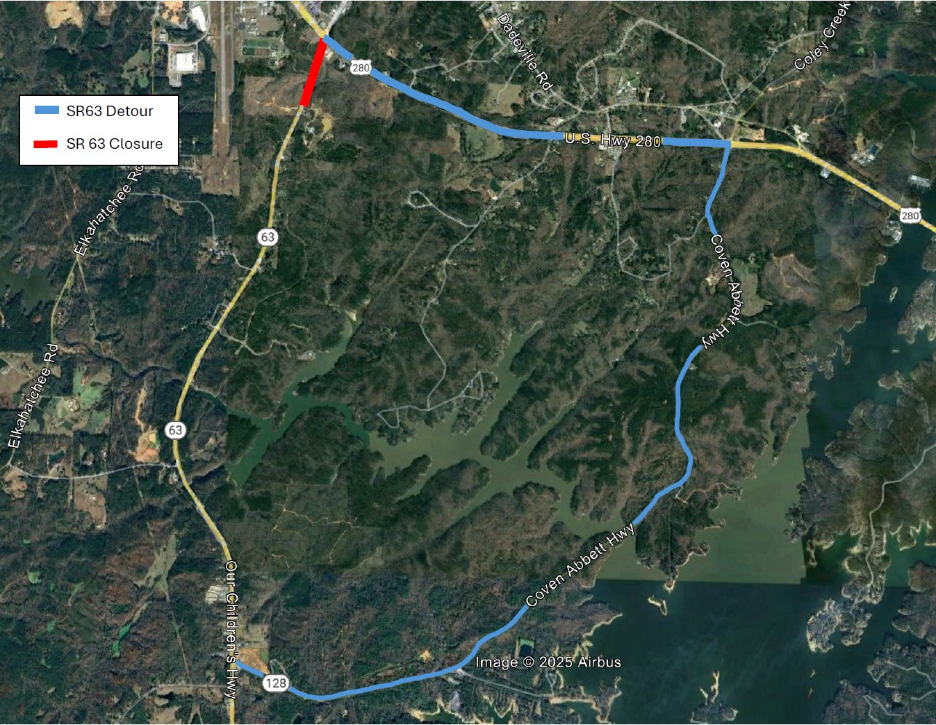 Map of AL-63 showing where the road closure will be and also highlighting the detour route.