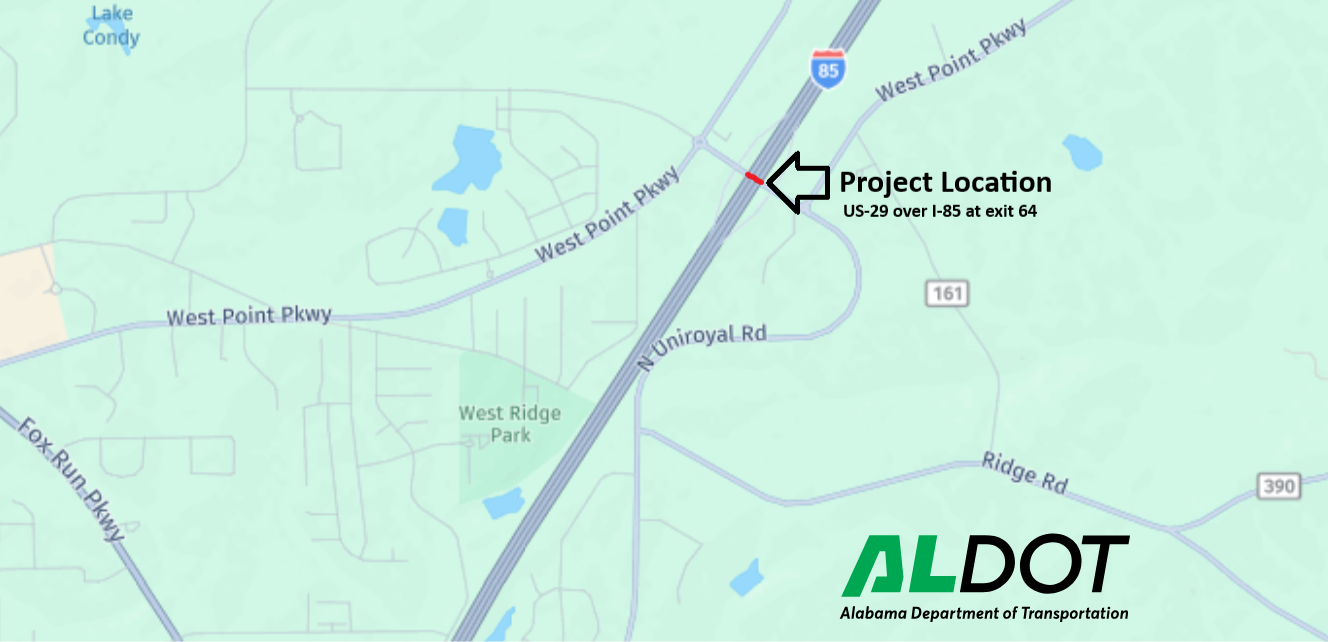 Map of I-85 in Opelika with a red line showing the location of the US-29 overpass at exit 64. There is an arrow pointing the line with the caption Project Location.