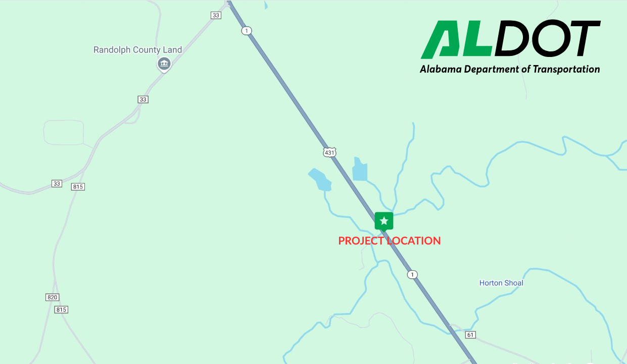 Map showing US-431 over Cornhouse Creek with a marker indicating where the project is located.