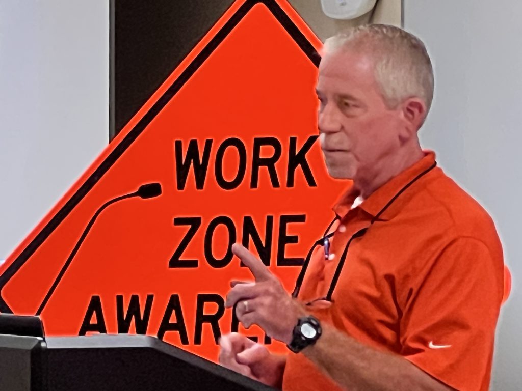 ALDOT Construction Engineer Stacey Glass addresses contractors and media at Work Zone Awareness kickoff event.