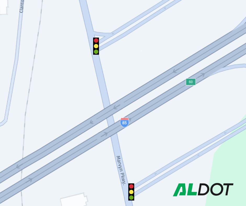 Map showing the location of SR-51 and I-85 with images of trafic signals at the I-85 exit and entrance ramps.