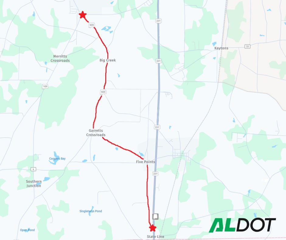 Map showing SR-605 from Rehobeth to the Florida stateline. A red line shows the resurfacing project limits from SR-109 to US-231.