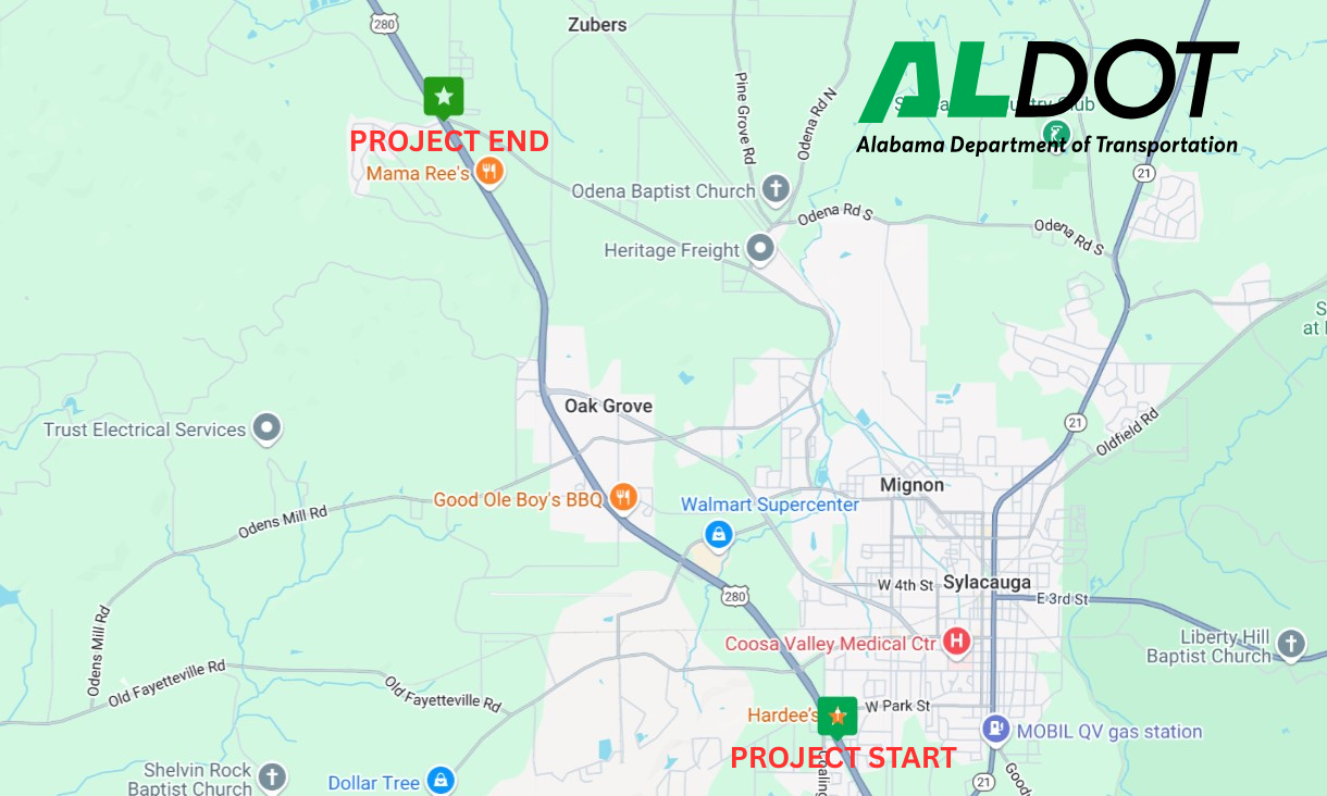 Map showing US-280 in Sylacauga marking where the project will start and end.