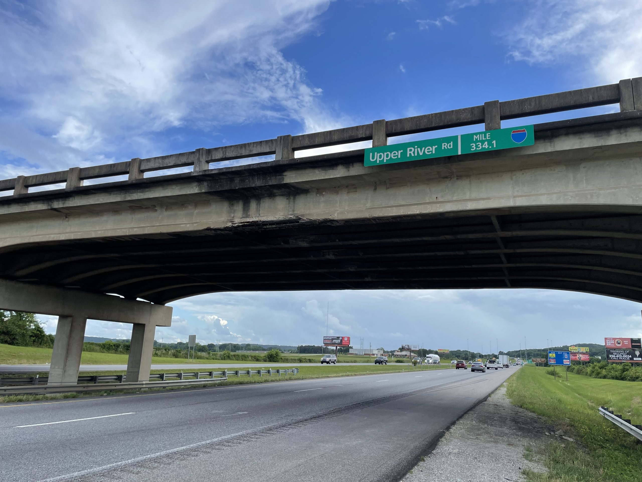 View of the bridge on Upper River Road over I-65 in Priceville