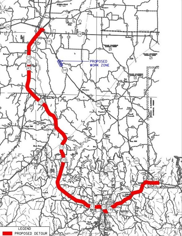 A map with the detour route highlighted n red