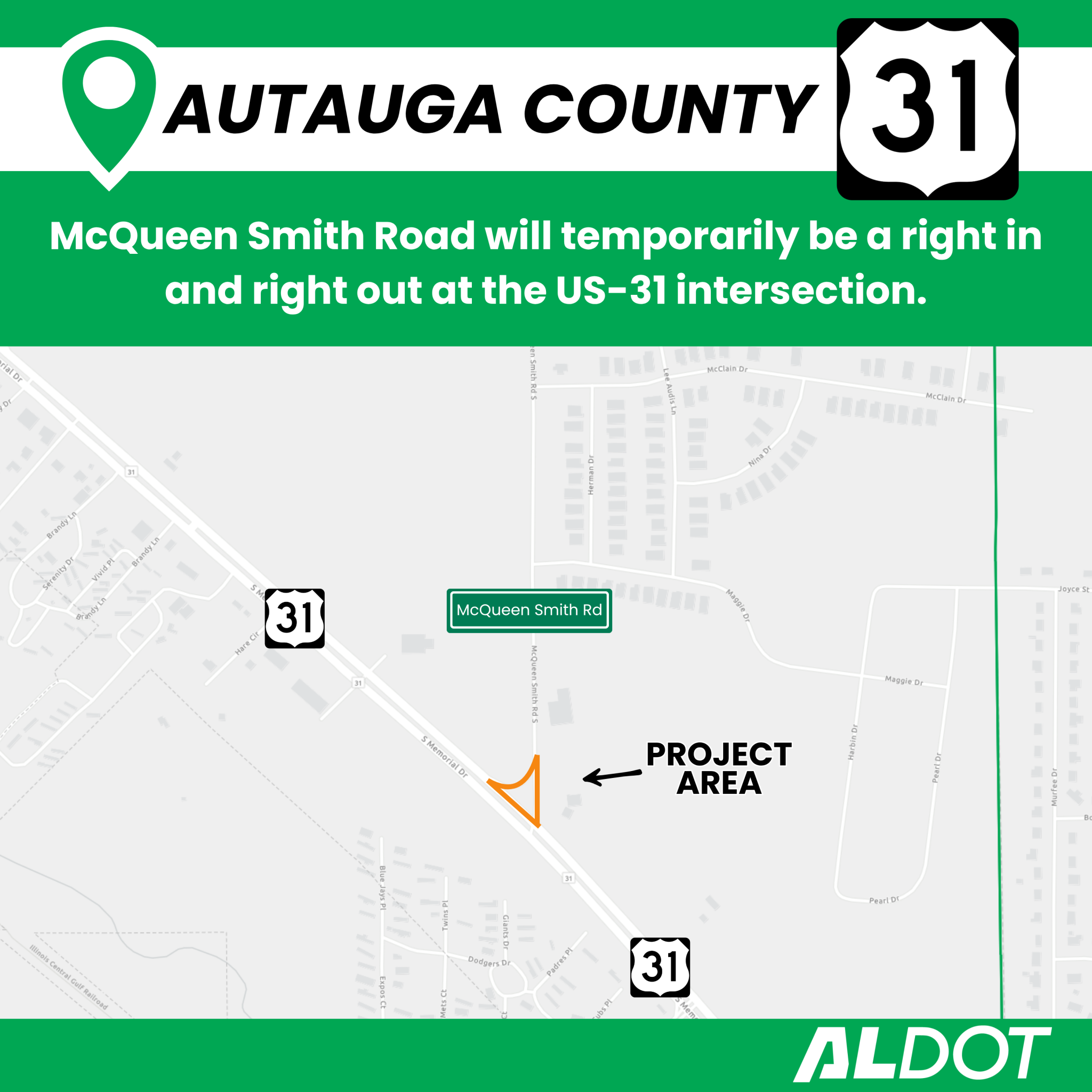 Traffic pattern change at US 31 - Autauga County US 31McQueen Smith 2048x2048