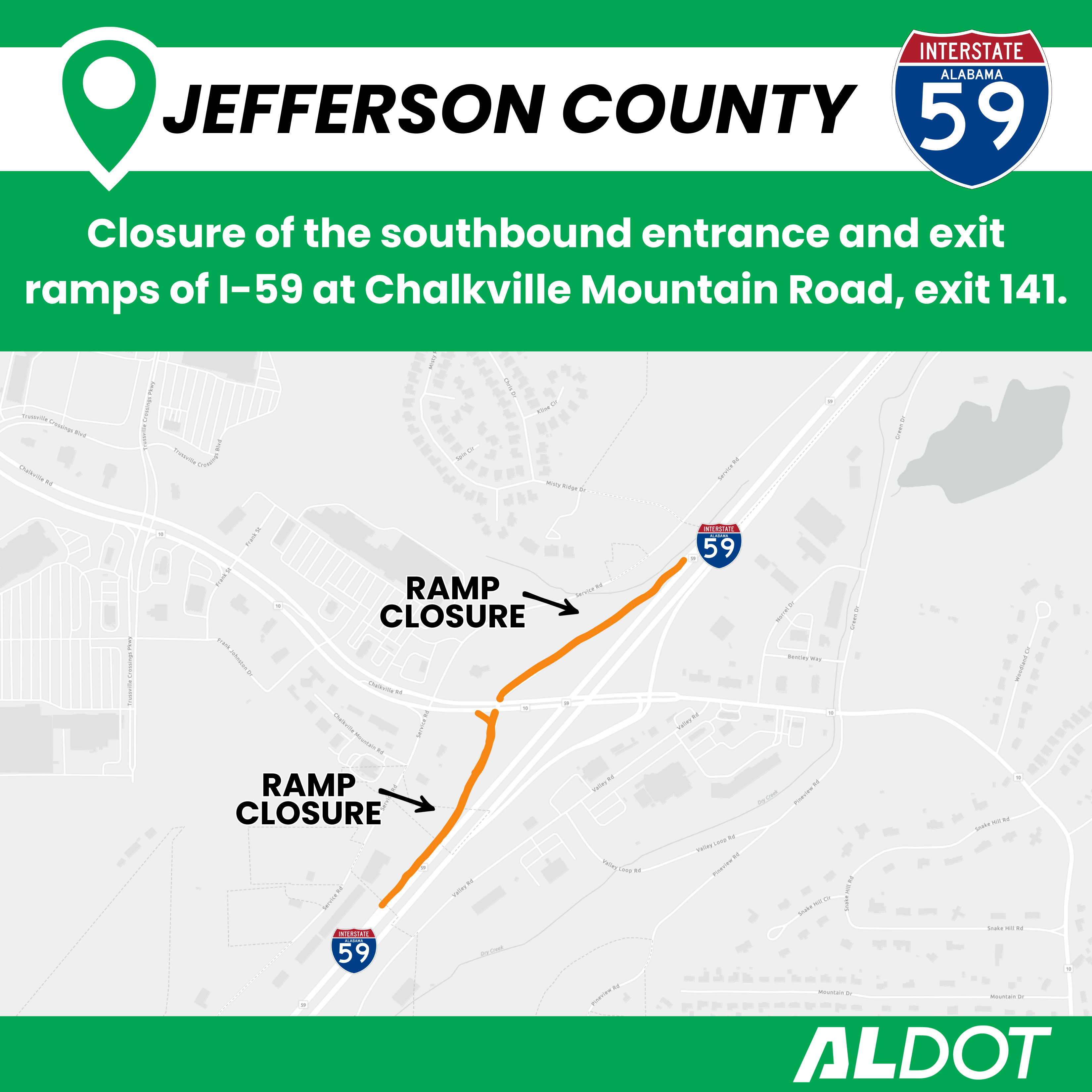 Map showing the location of a ramp closure on I-59 in Trussville, Ala. at Chalkville Mountain Road