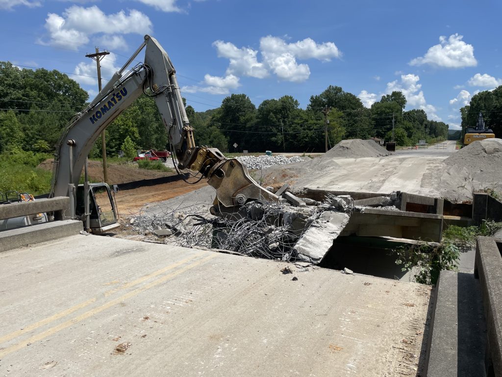 Excavator demolishing the existing bridge on SR-243 in Franklin County, Ala.