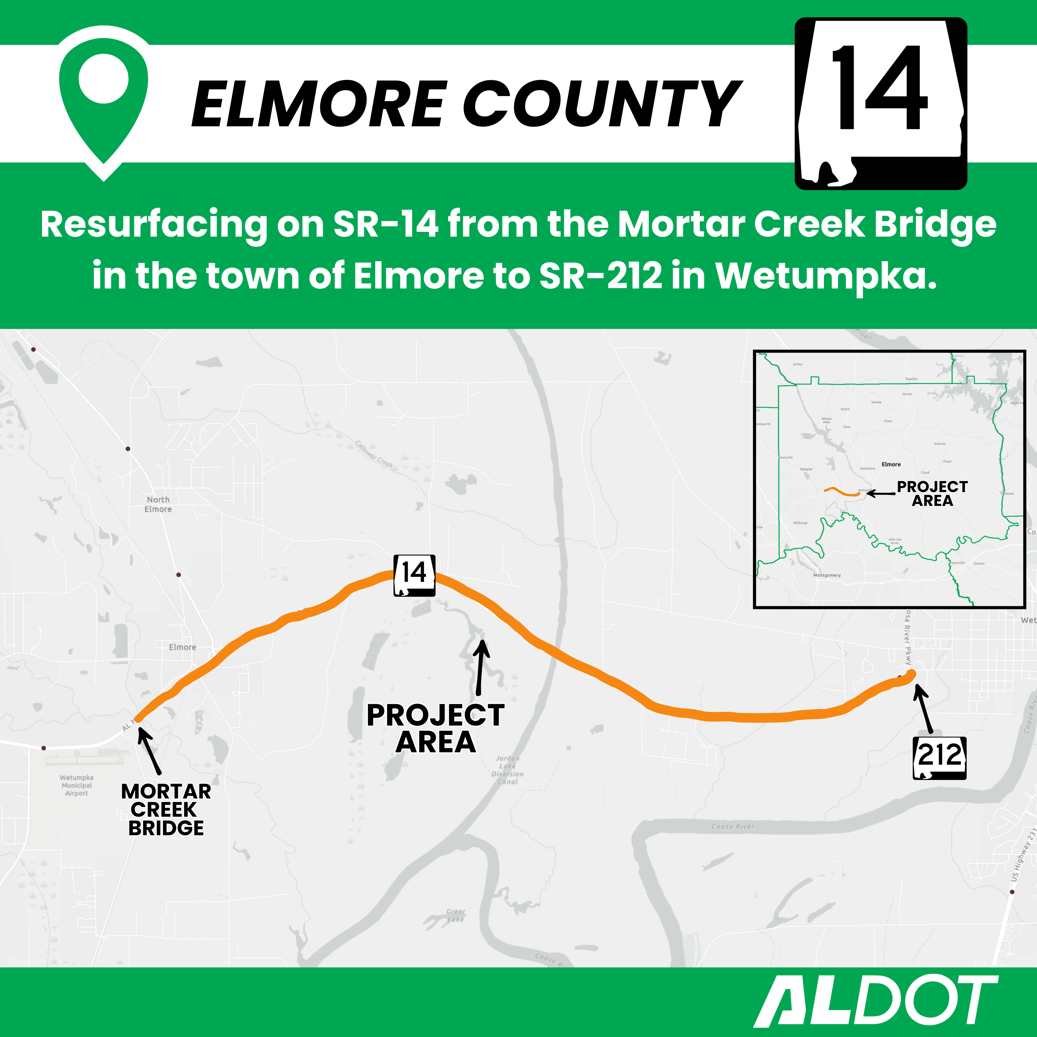 Map showing the location of the project limits on SR-14 with an orange line from Mortar Creek Bridge to SR-212.
