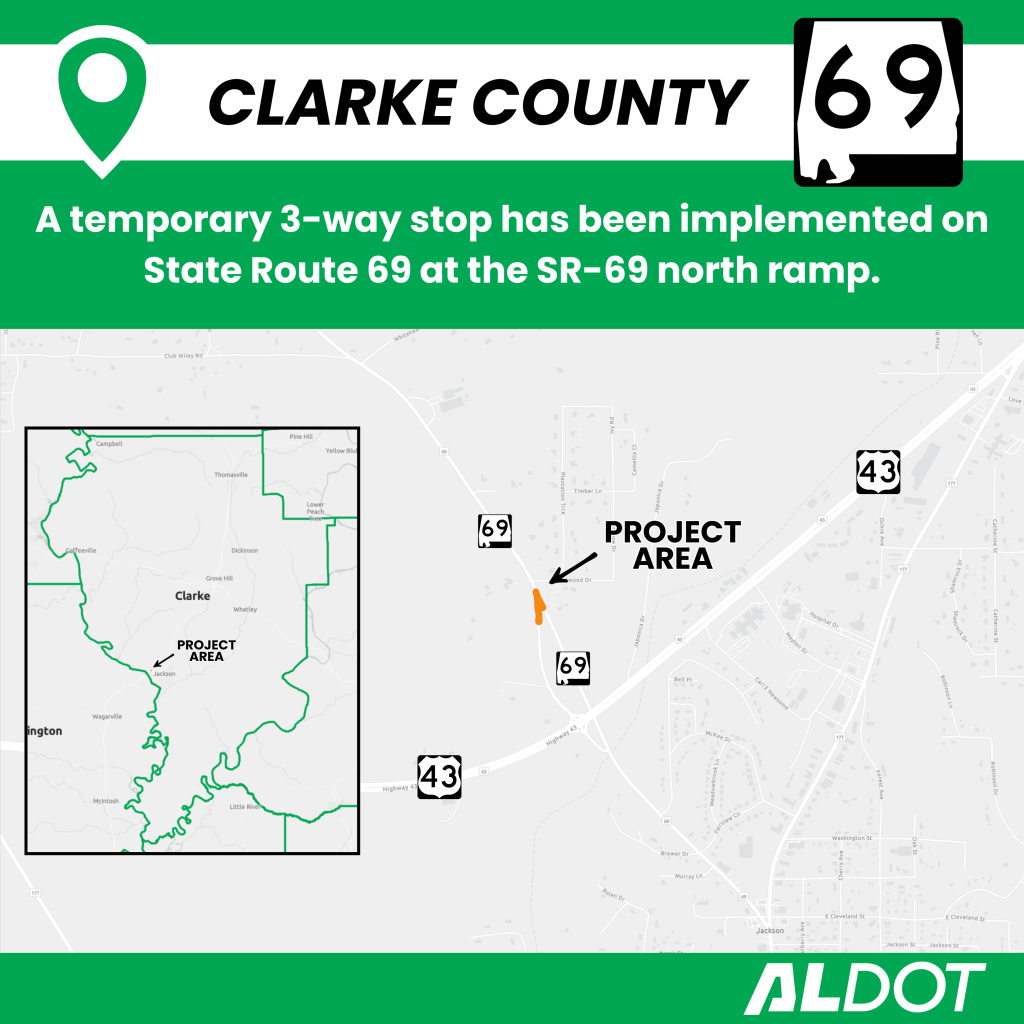 Map depicting the temporary 3-way stop being implemented on SR-69 in Clarke County, Ala.
