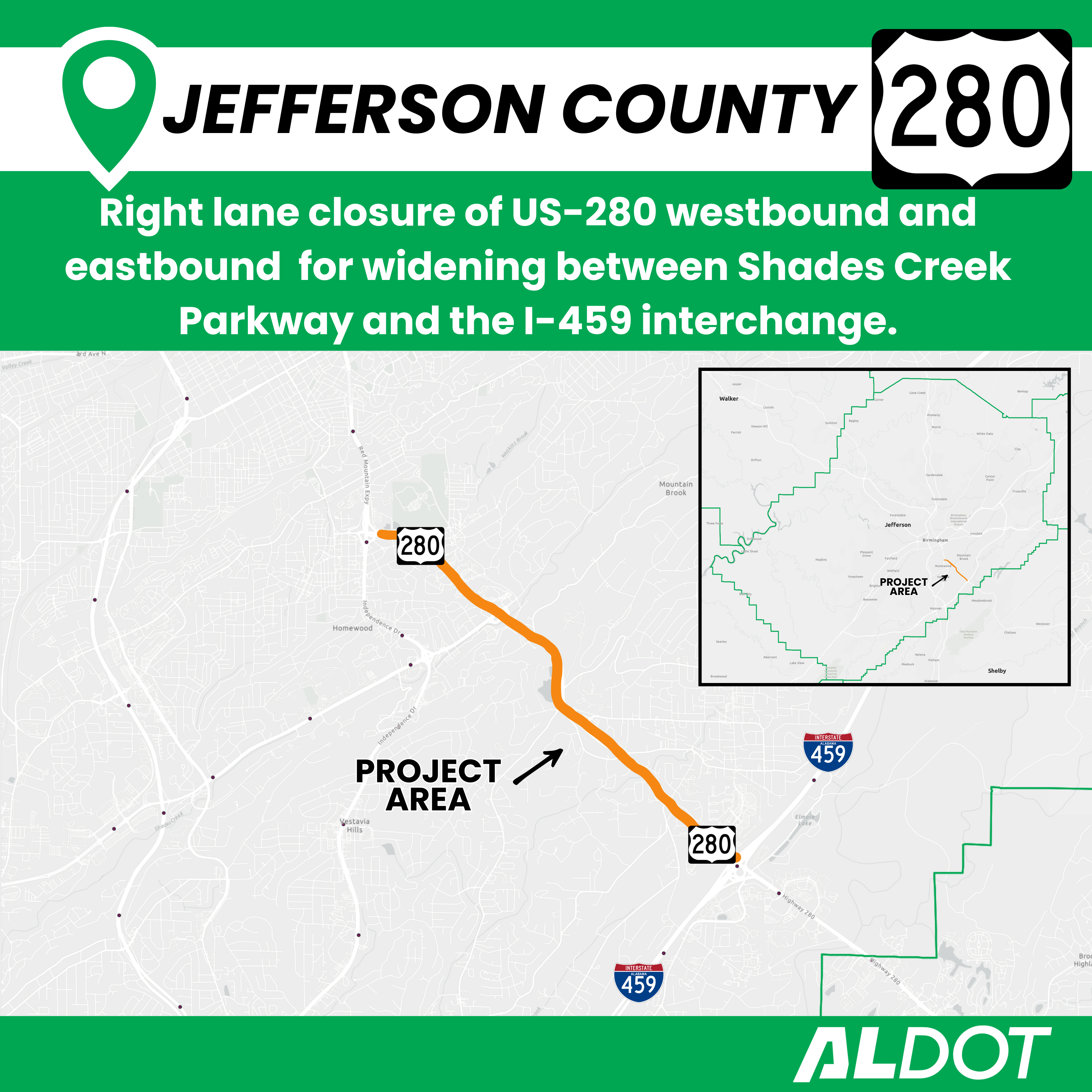 Map showing the location of a lane closure on US-280 in Jefferson County between Shades Creek Parkway and the I-459 Interchange