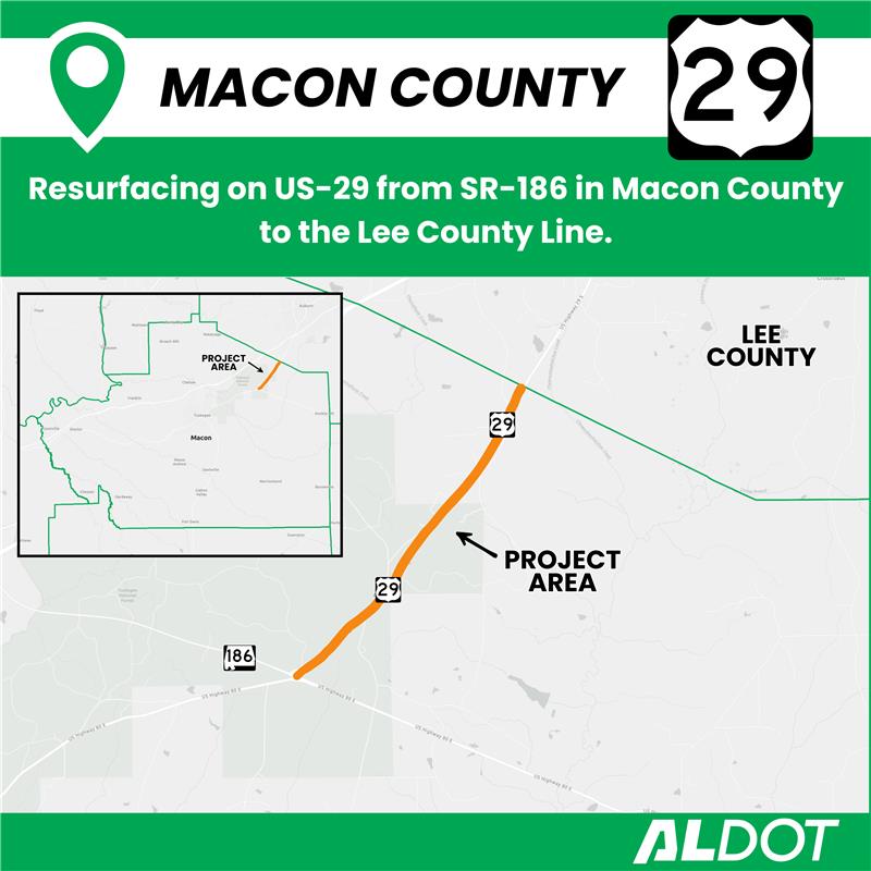 Map showing the US-29 resurfacing project with an orange line from SR-186 to the Lee County line.