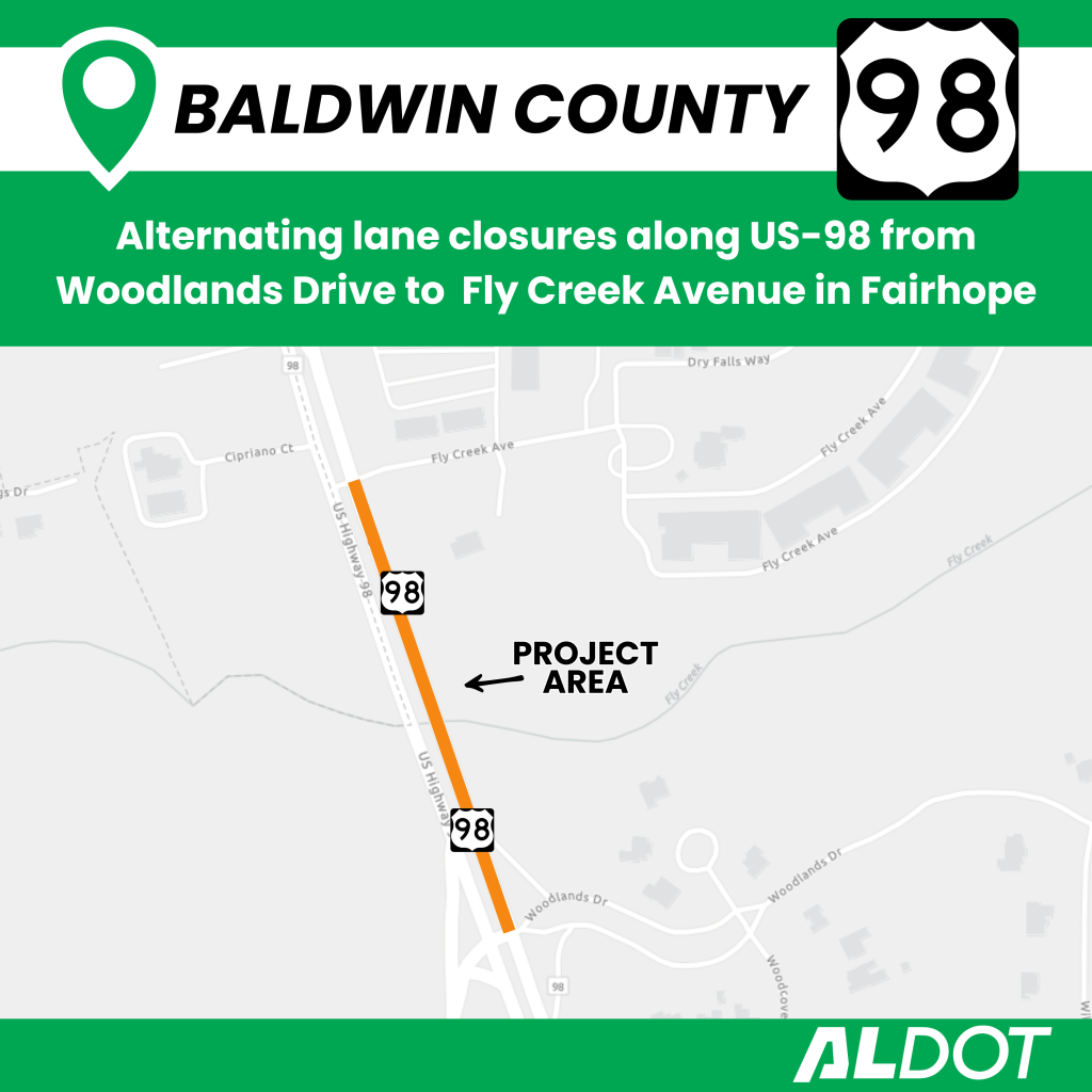 Map of the project area on US-98 from Woodlands Drive to Fly Creek Avenue where there will be alternating lane closures for Geotechnical work