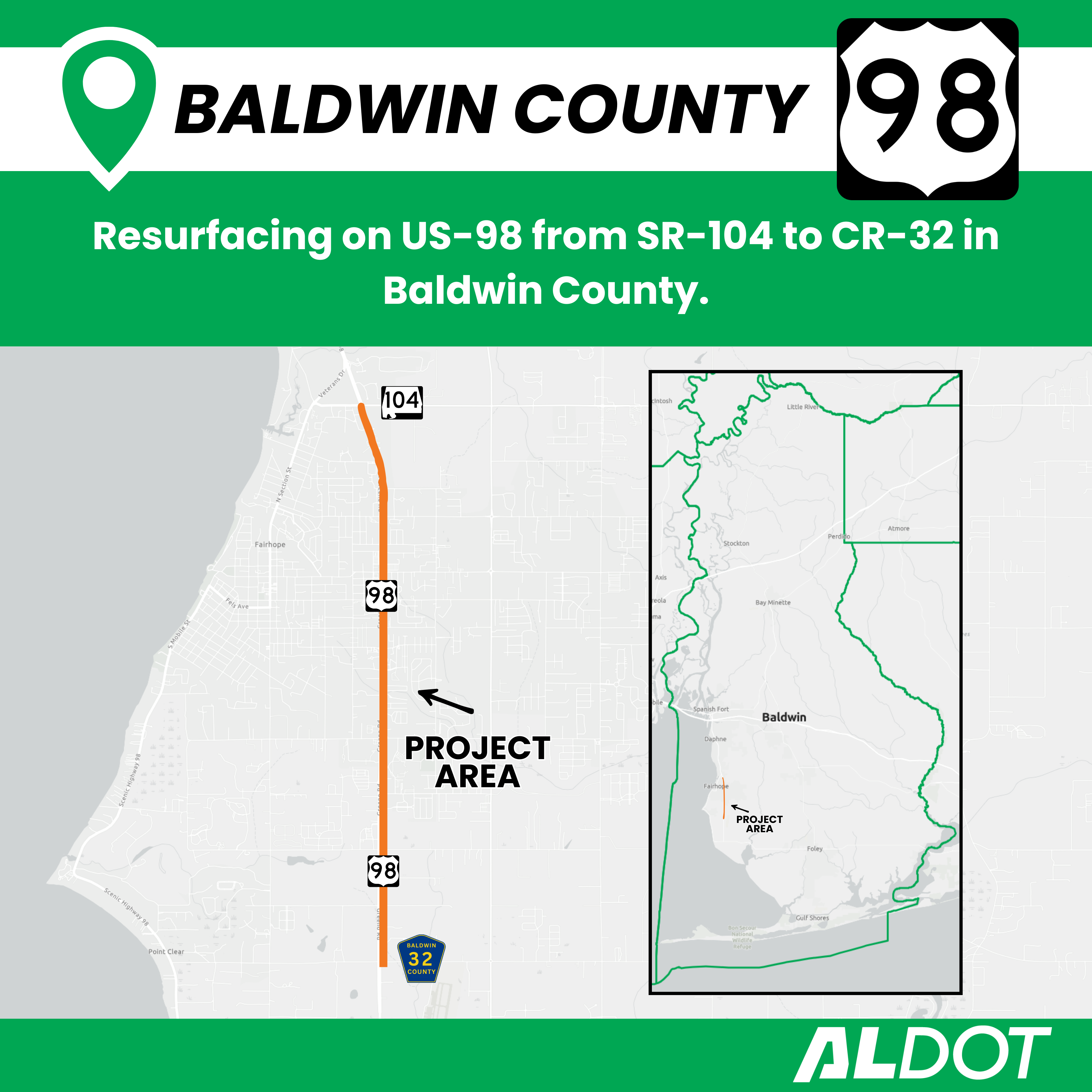 Map showing the location of a resurfacing project on US-98 in Baldwin County, Ala. from CR-32 to SR-104