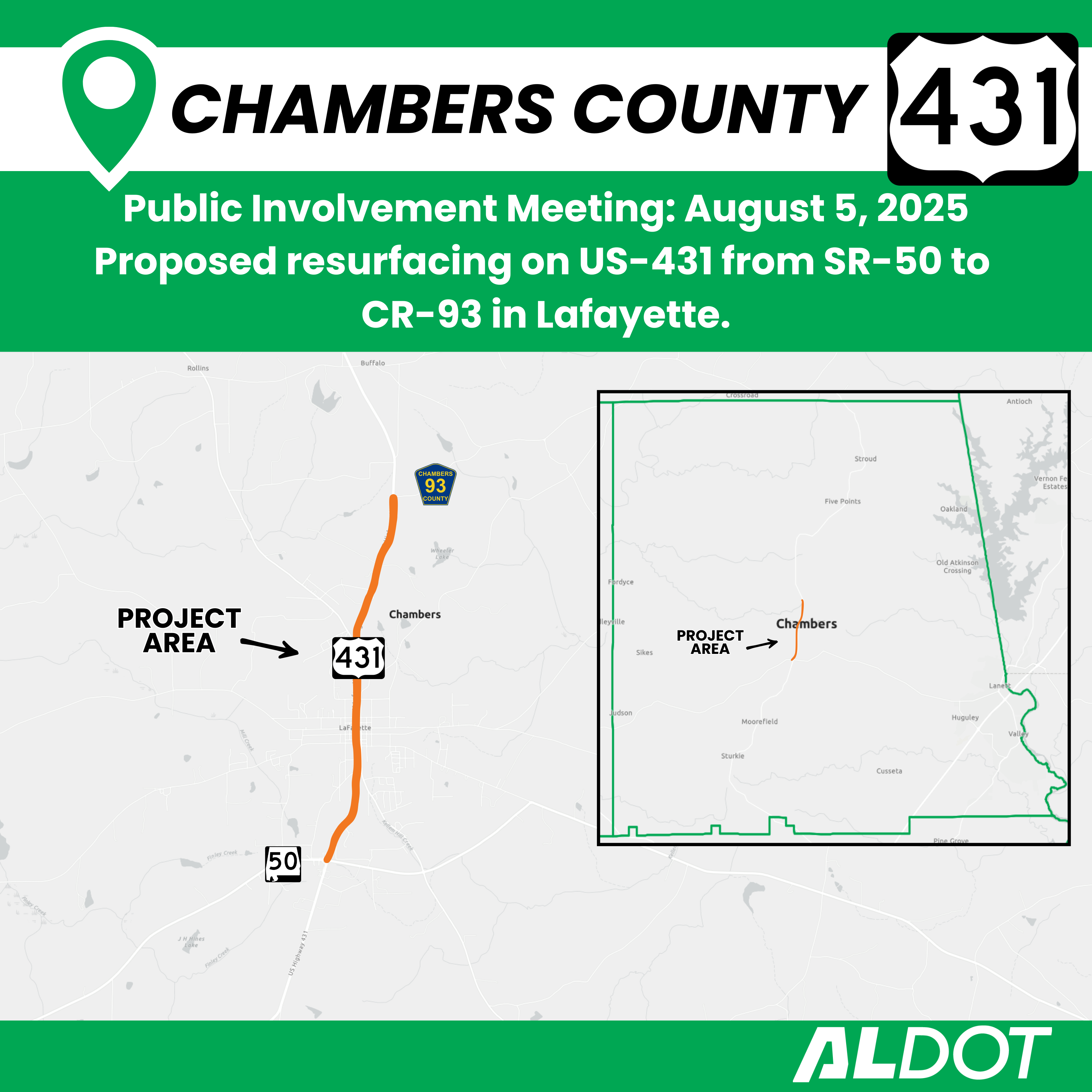 Map depicting the location of the proposed project in Chambers County, Alabama.