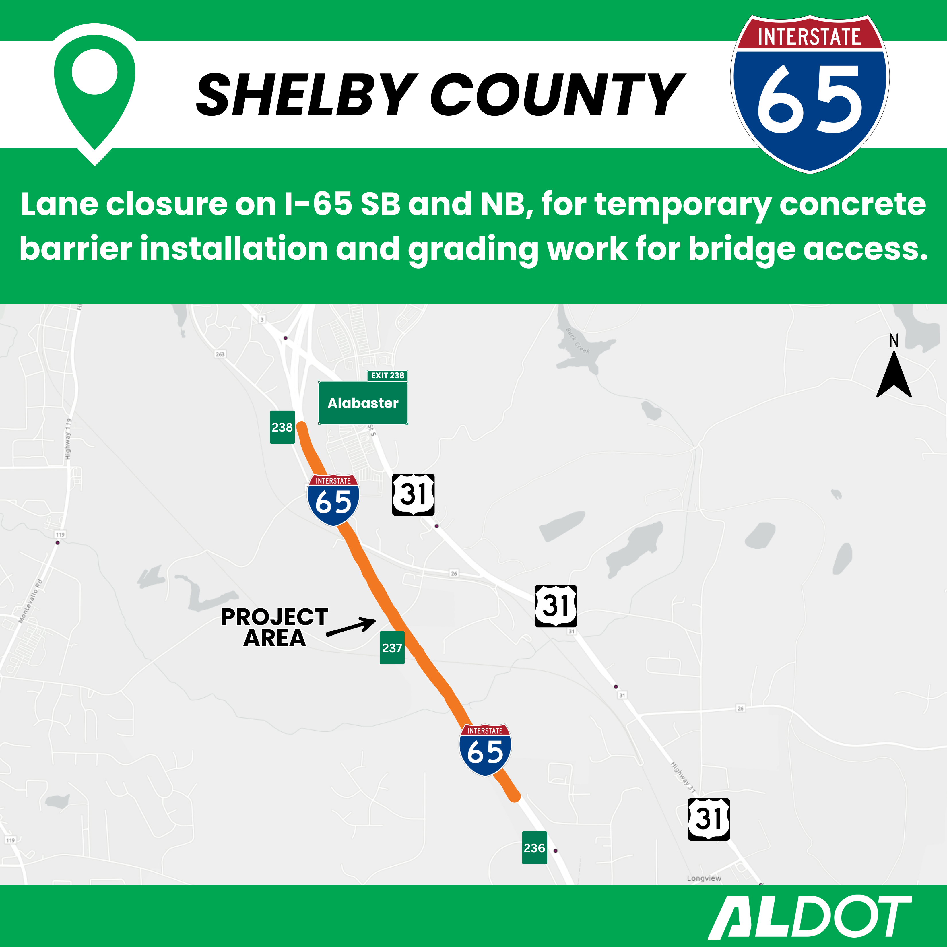 Map of I-65 showing the area of the lane closures in Shelby County.