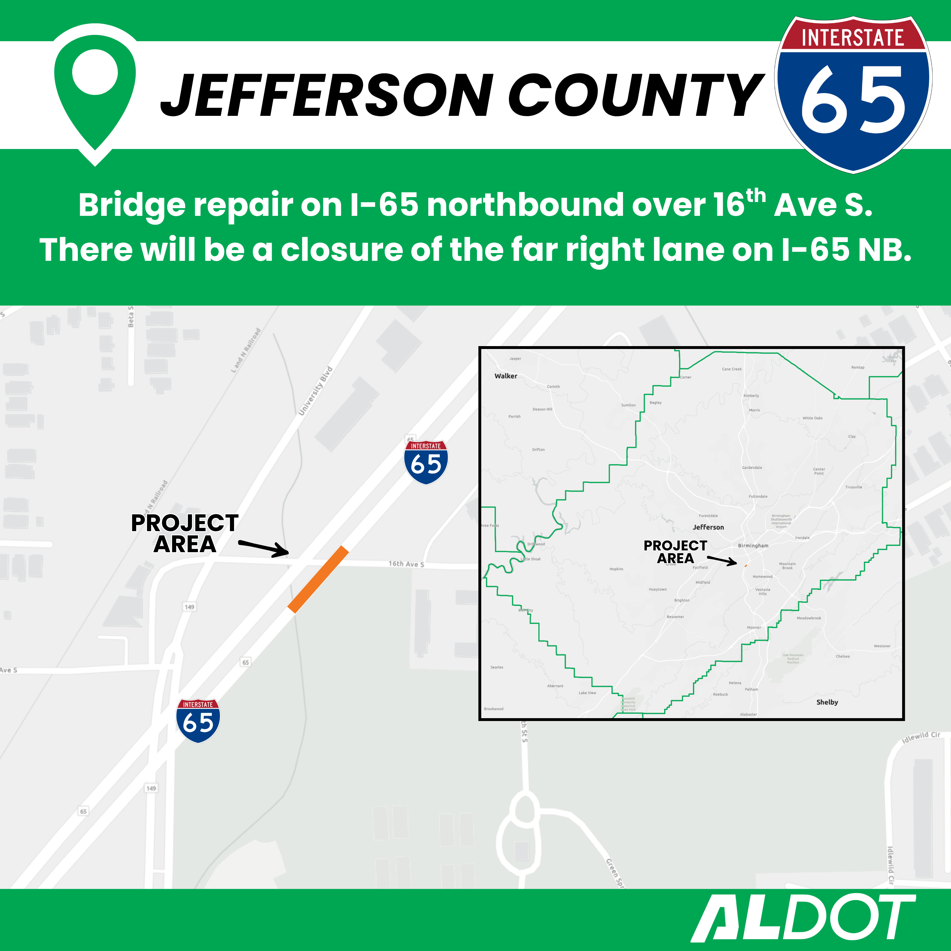 Map depicting the project location for a bridge repair on I-65 NB