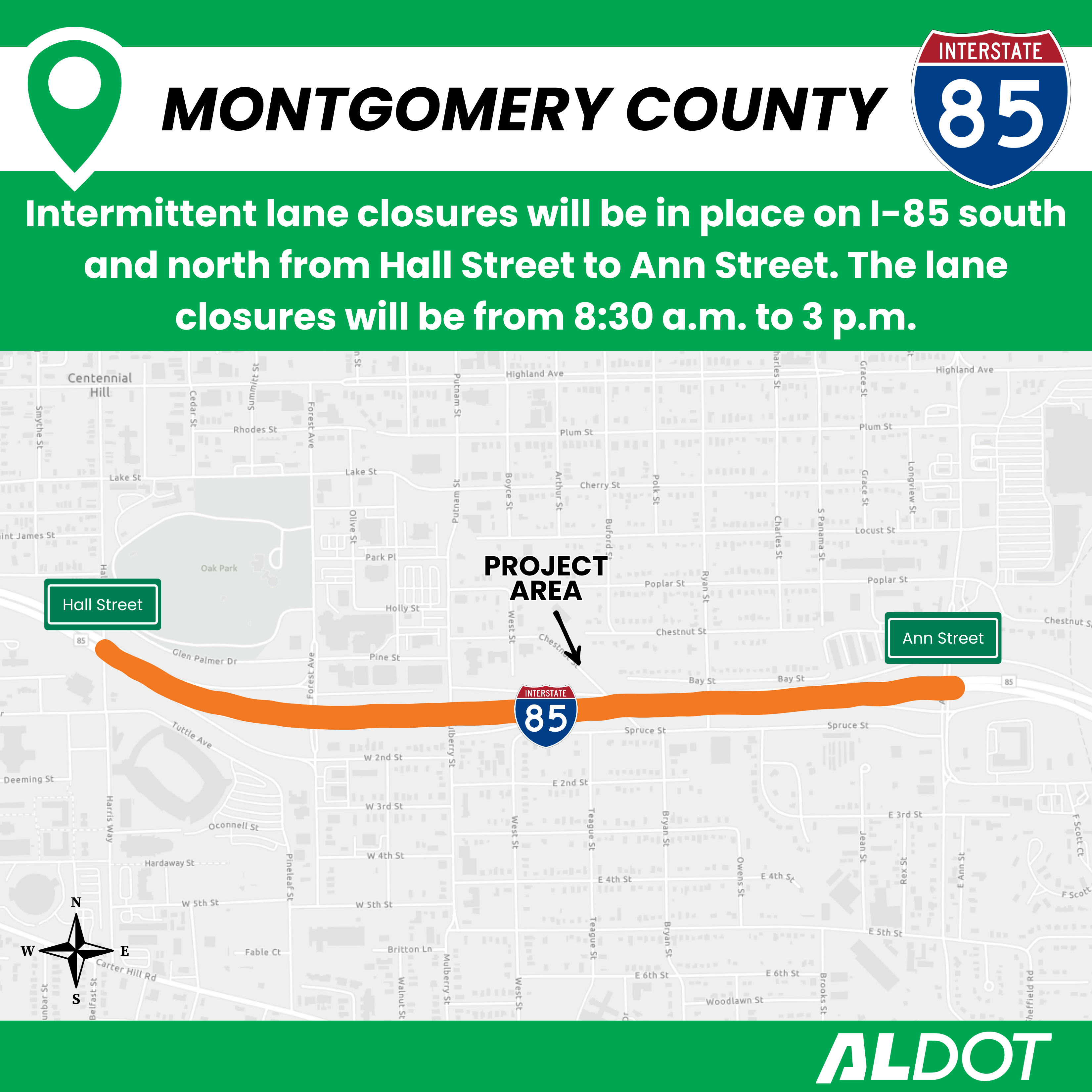 Map showing the project limits of the I-85 resurfacing project from Hall Street to Ann Street.