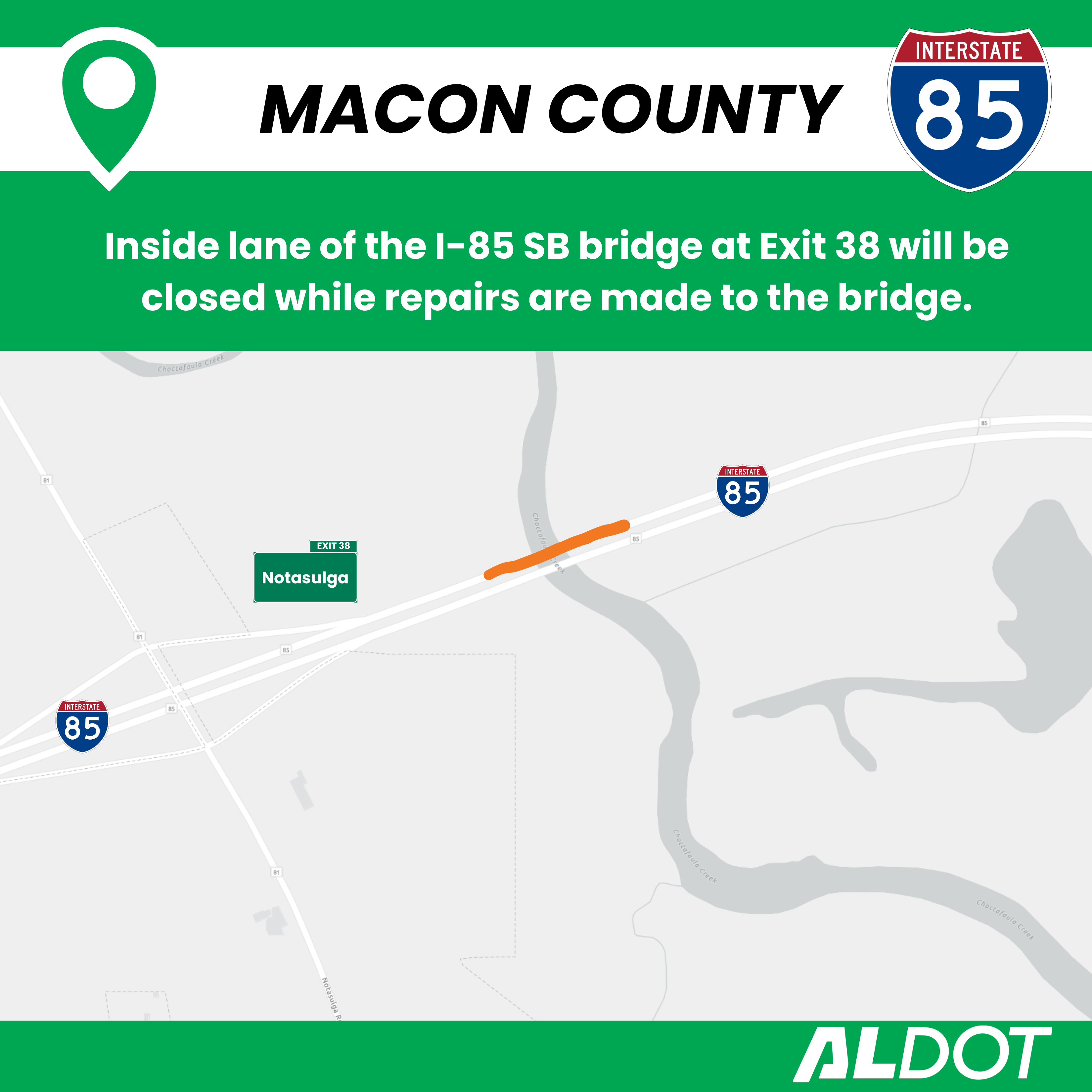 Map showing location of the bridge with lane closure on I-85 near exit 38.