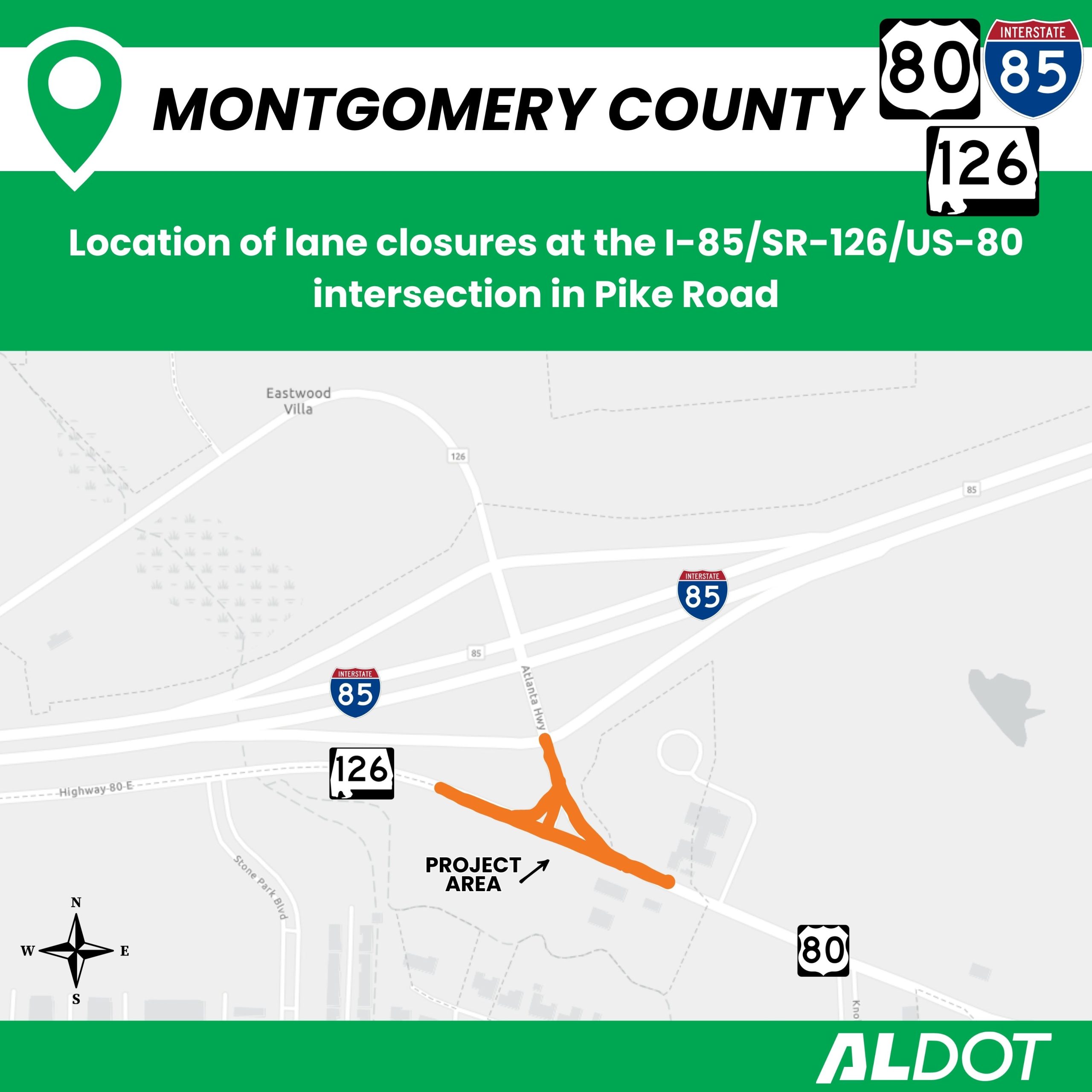 Map showing the location of the lane closures at I-85/SR-126/US-80 intersection in Pike Road.