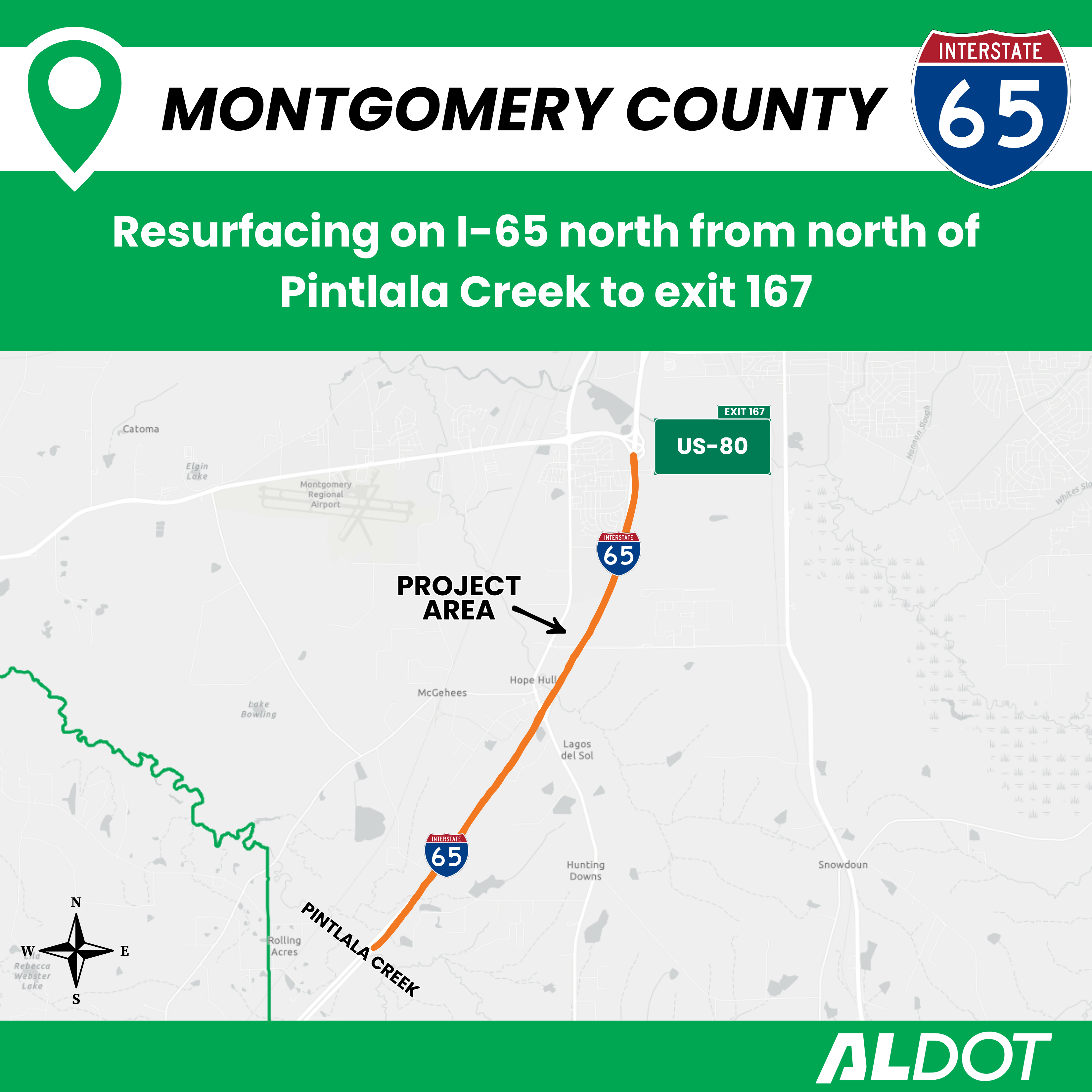 Map showing the project limits of the I-65 resurfacing project from Pintlala Creek to exit 167