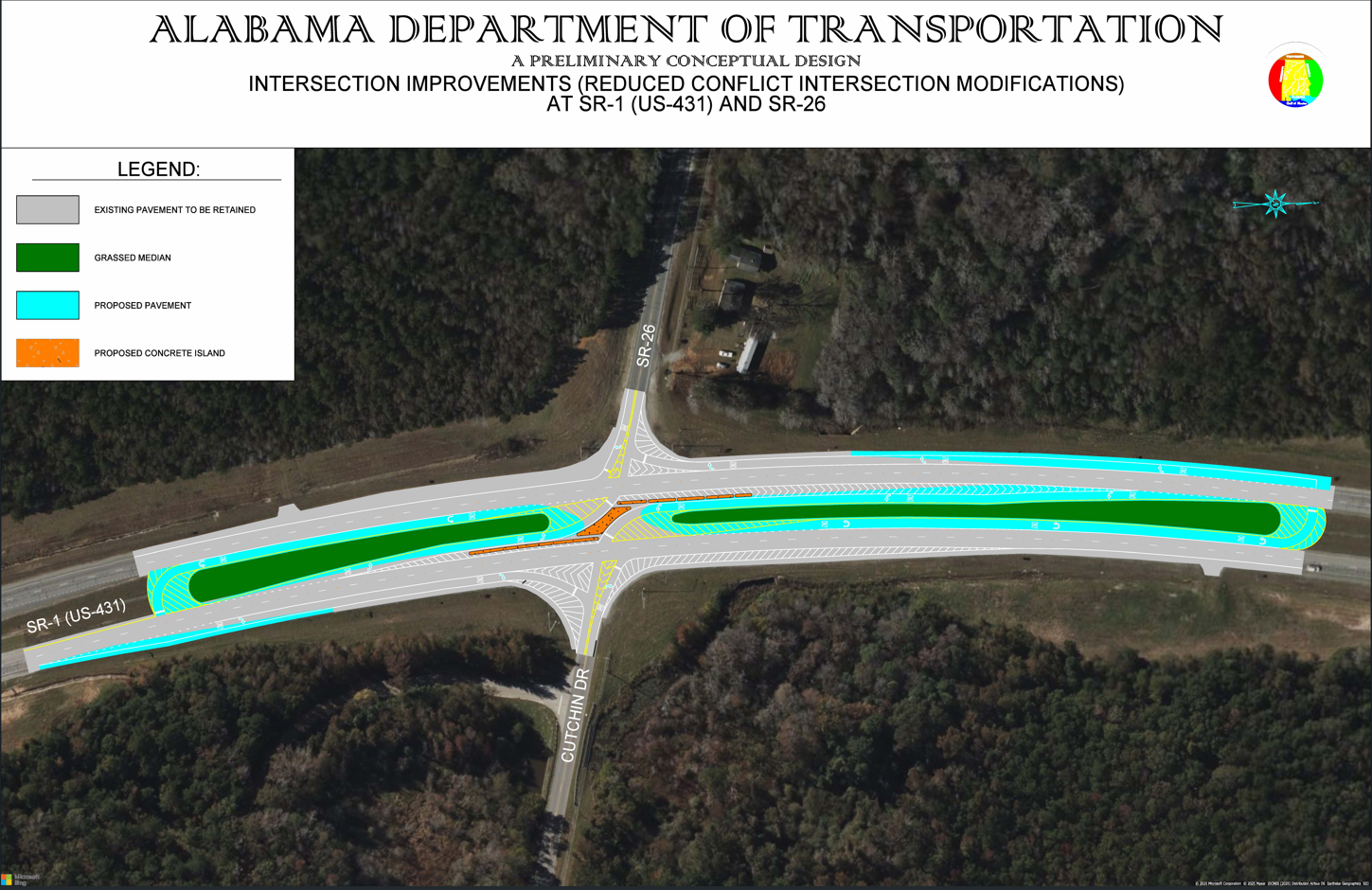 Map showing details of project including existing pavement, grassed median, proposed pavement, and proposed concrete island.