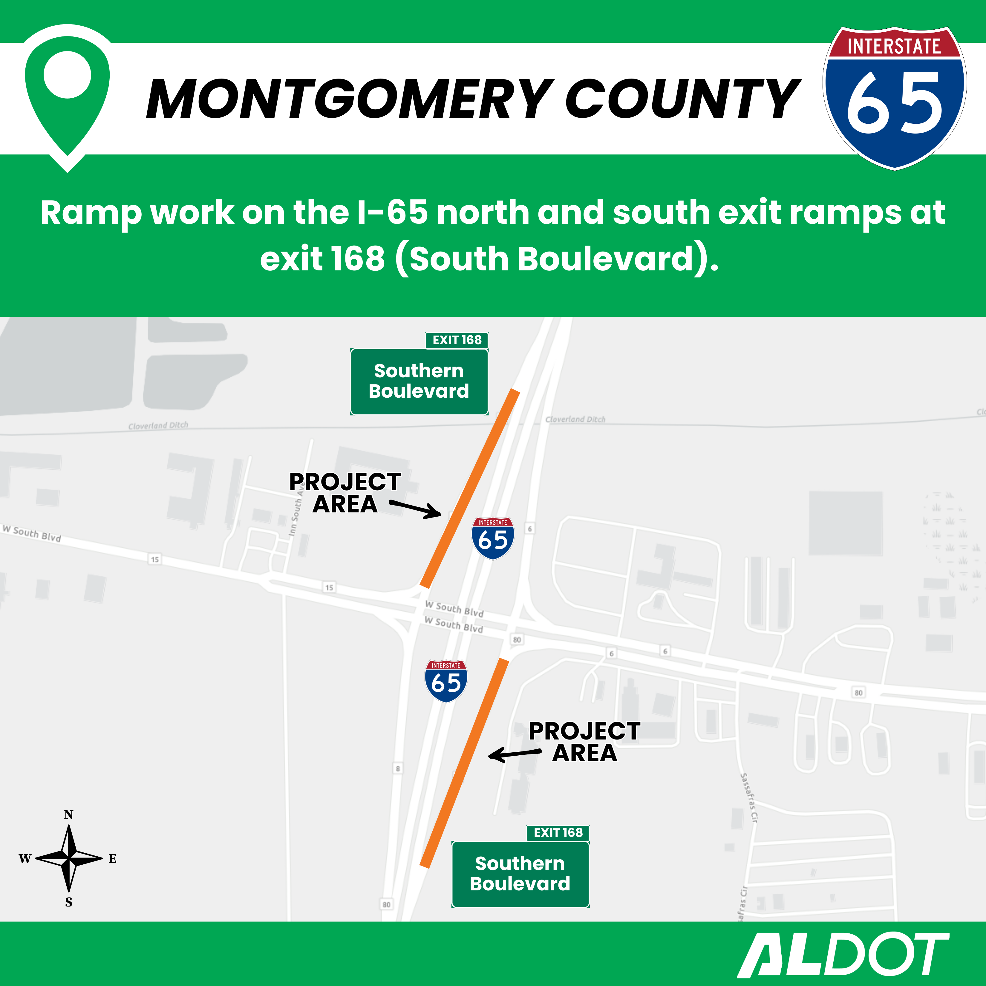 Map highlighting the exit ramps off I-65 north and south onto the South Boulevard.