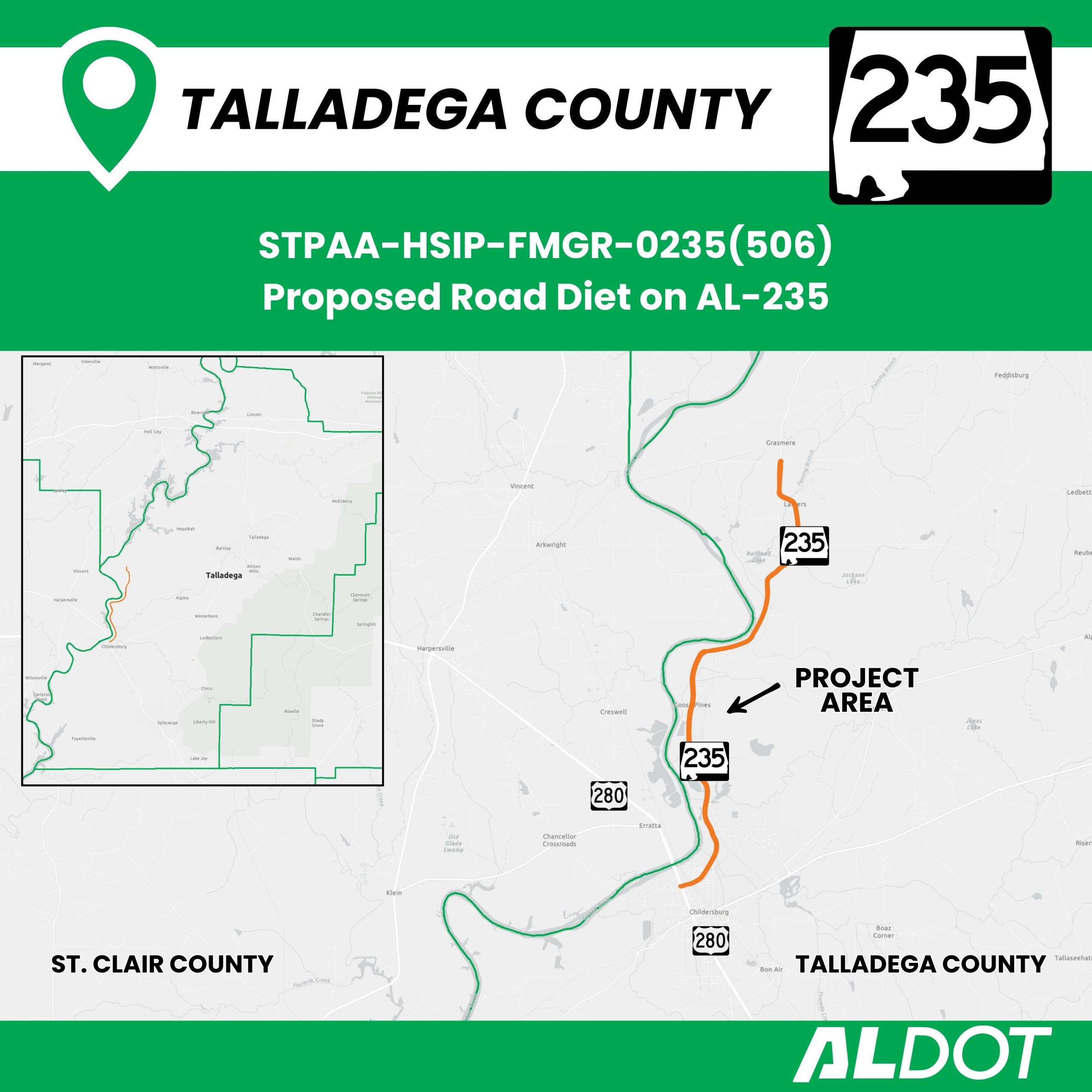 Map of AL-235 showing the area of the proposed project in Talladega County.