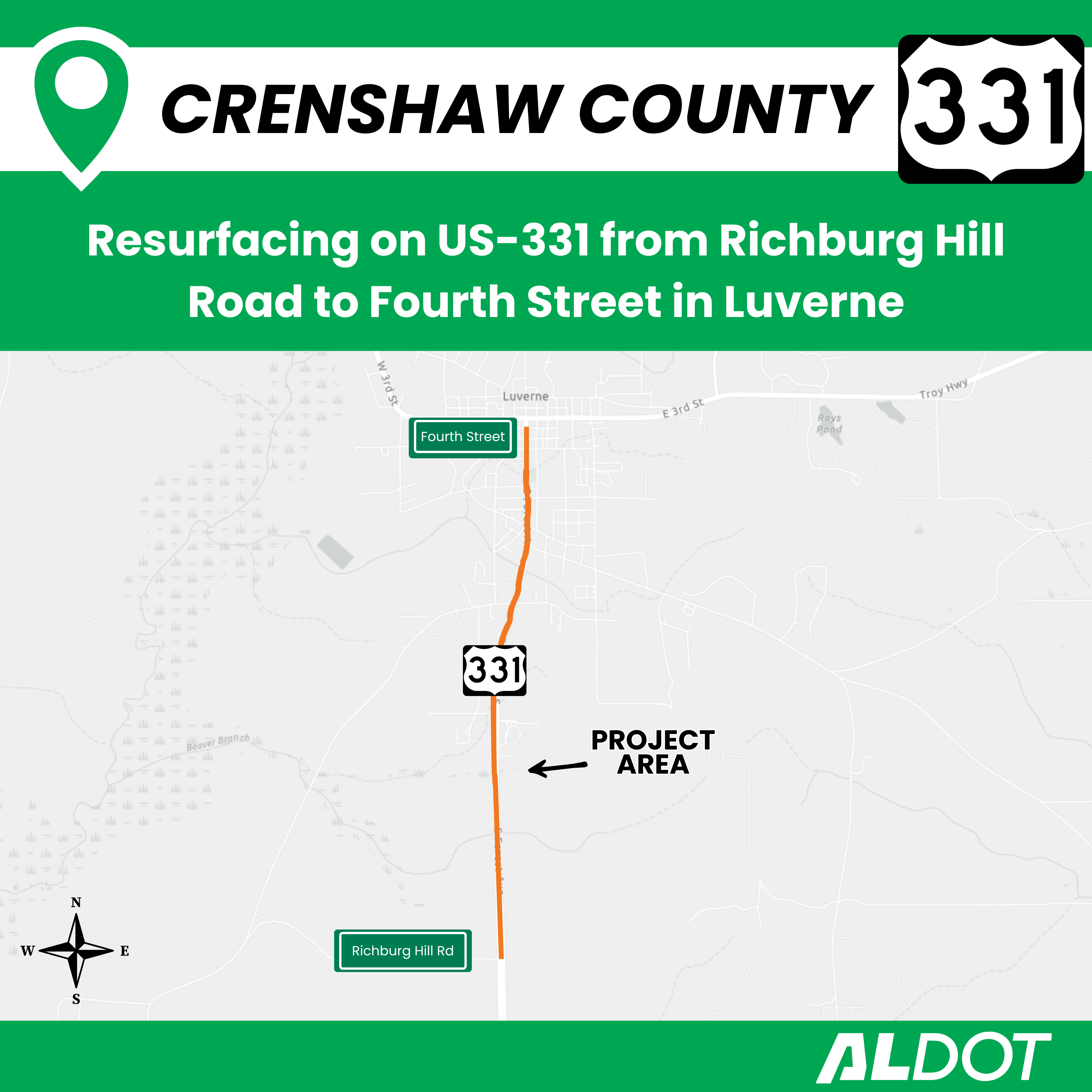 Map showing the project limits of the US-331 resurfacing project from Richburg Hill Road to Fourth Street in Luverne.