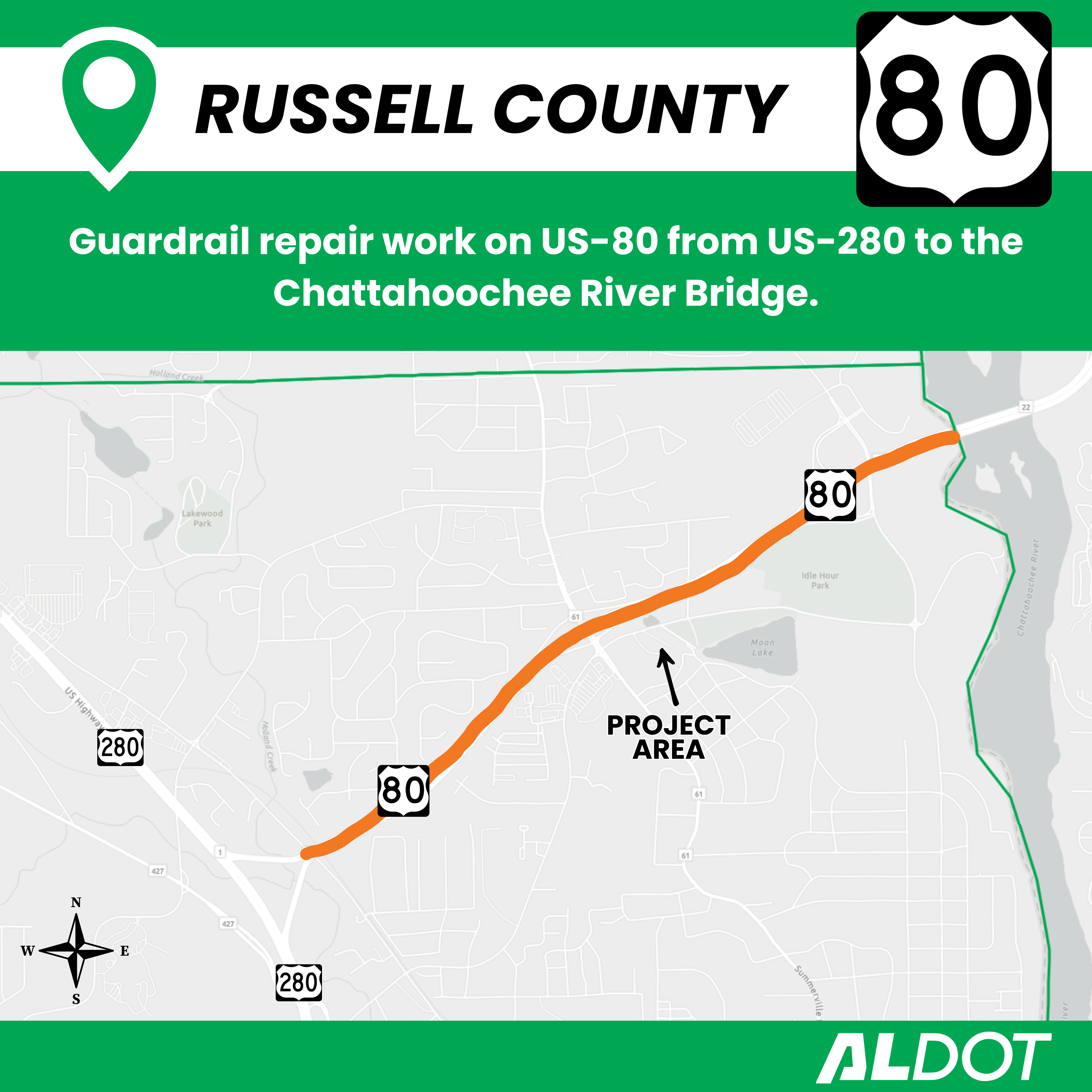 Map showing location of project limits on US-80 in Russell County.