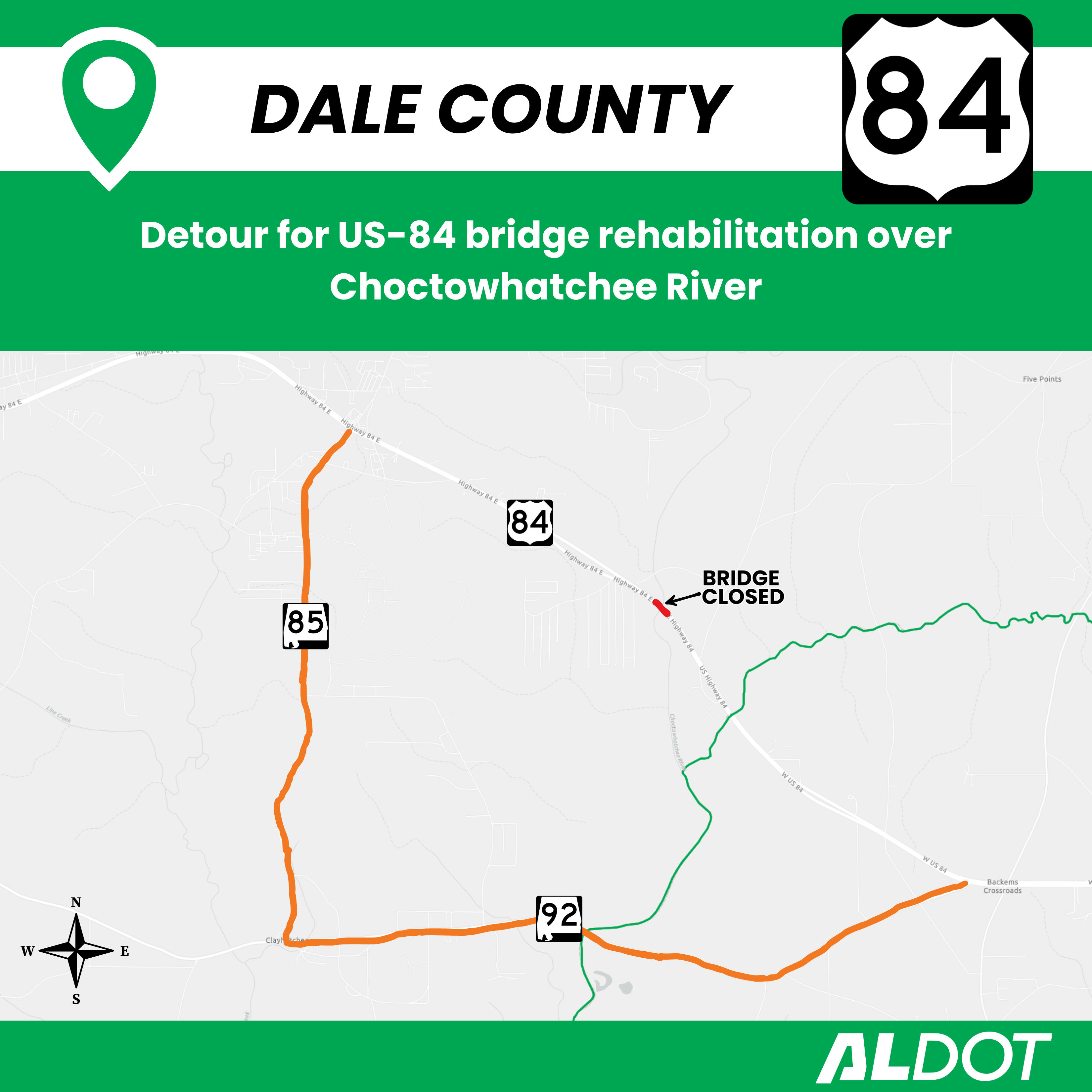 Map of detour on US-84 for a bridge closure