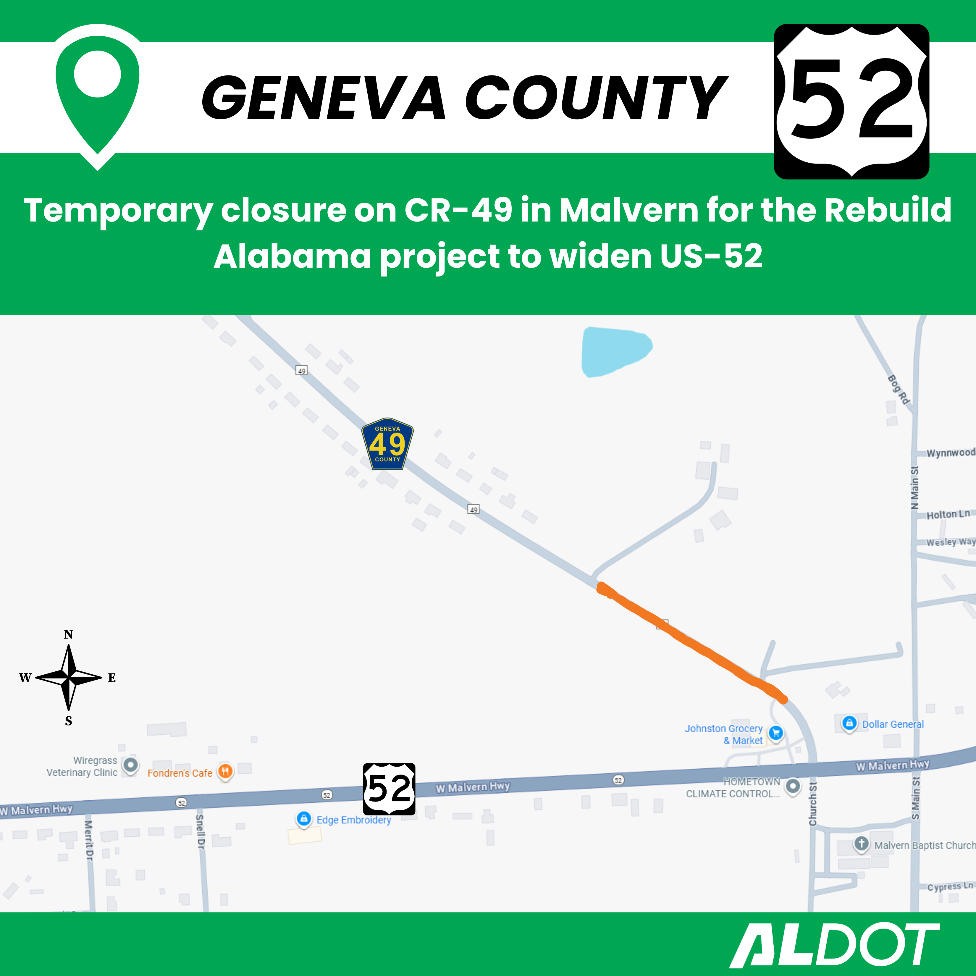 A map showing the location of the section of CR-49 that will be closed in Malvern.