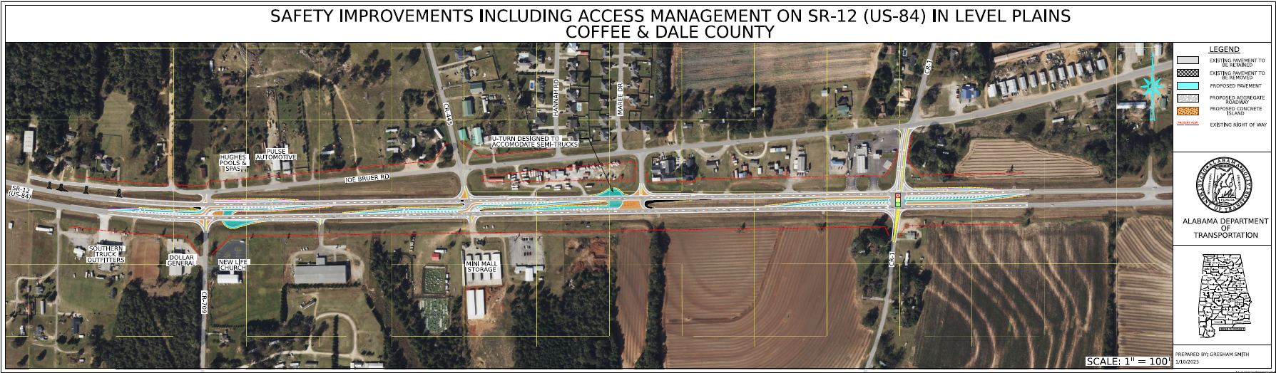 Map of access management changes along the US-84 corridor in Level Plains.